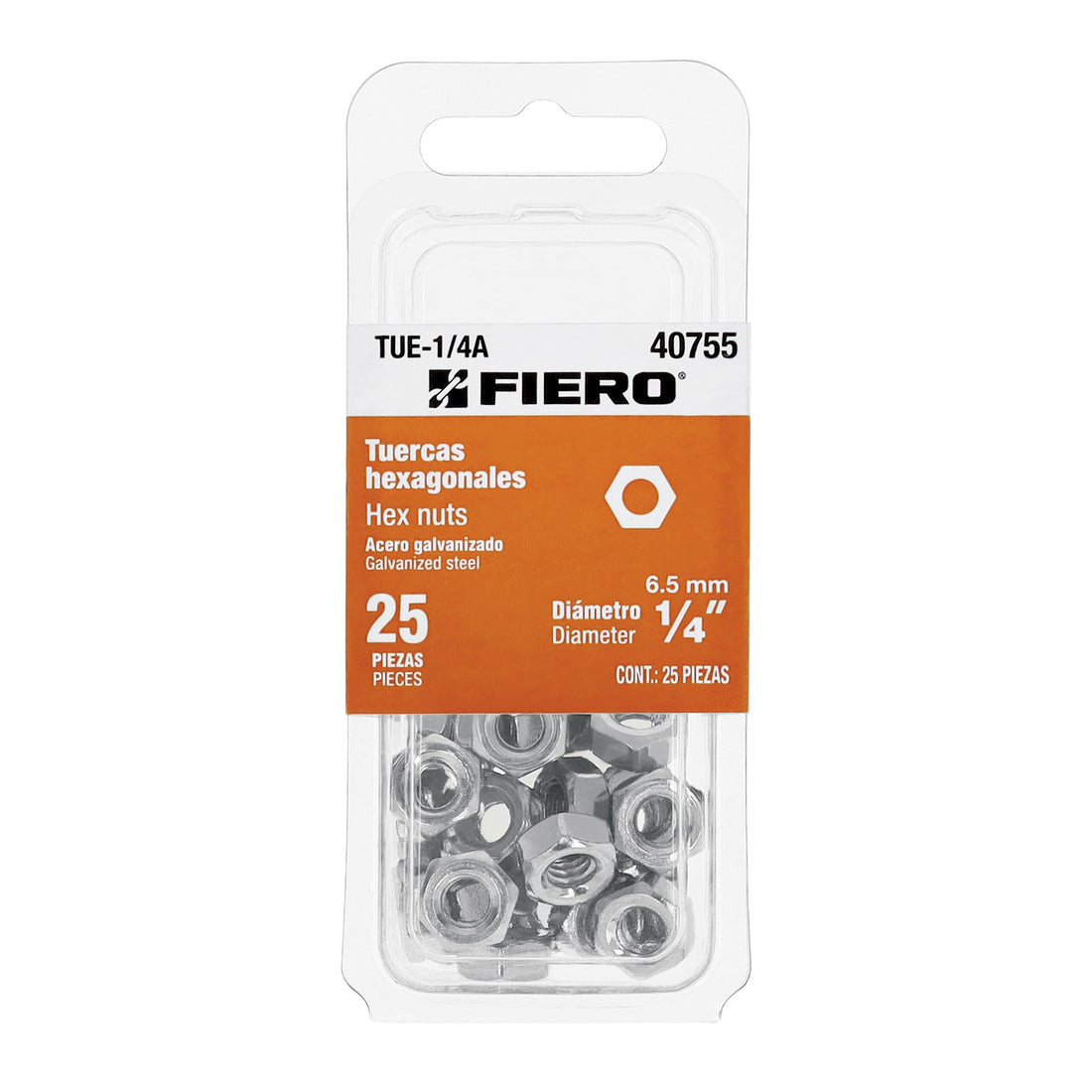 Blíster con 25 tuercas 1/4" hex de acero galvanizado, FIERO
