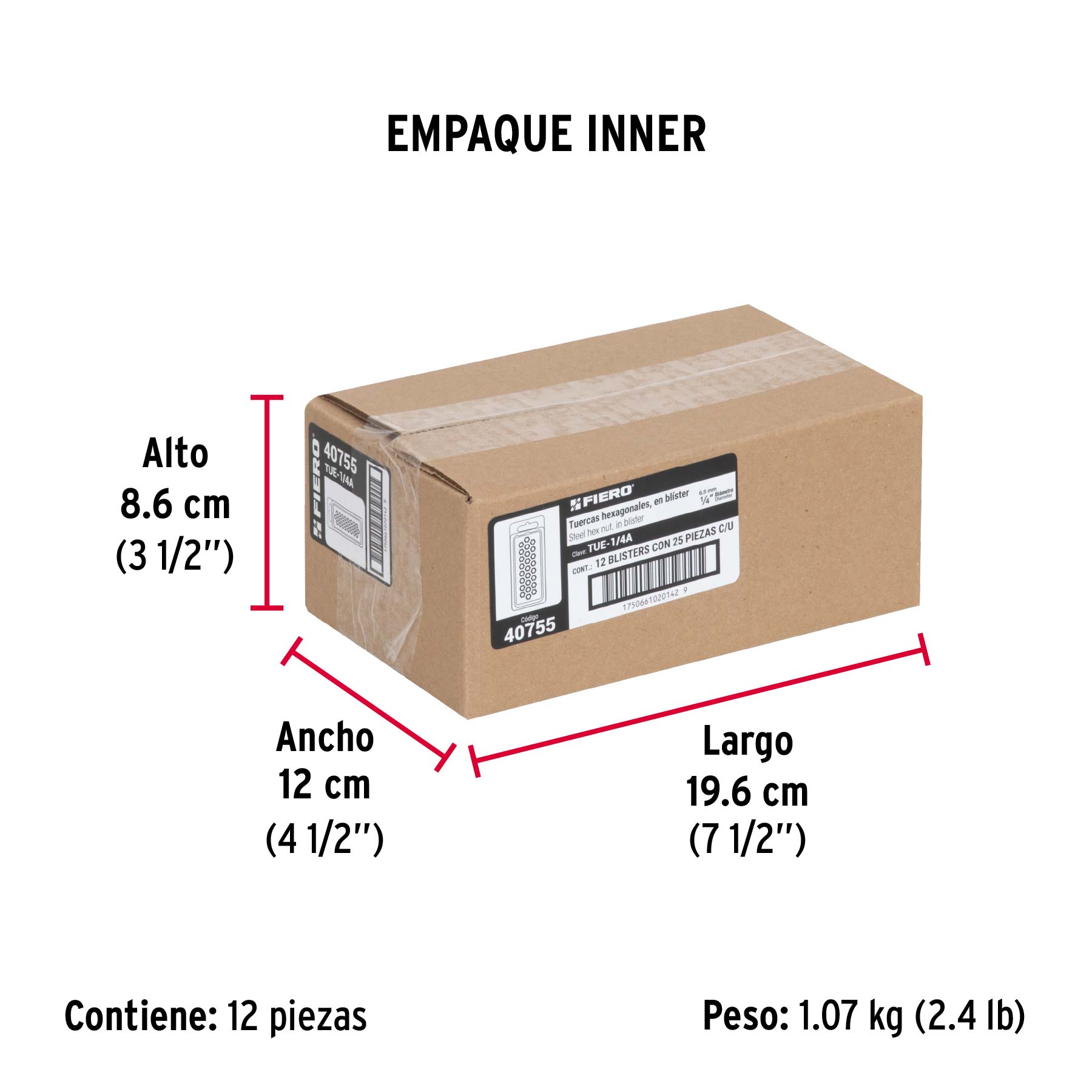 Blíster con 25 tuercas 1/4" hex de acero galvanizado, FIERO - Empaque
