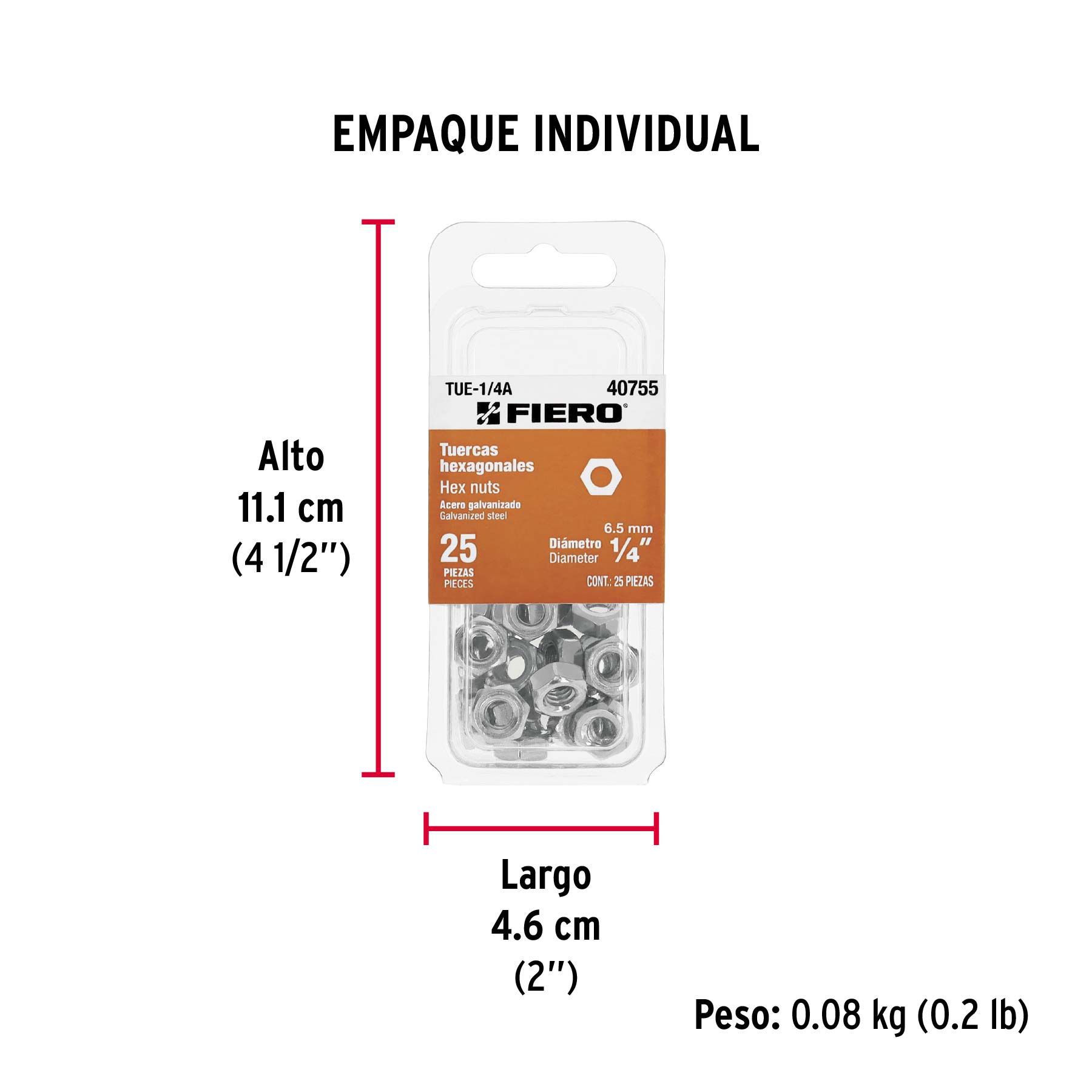 Blíster con 25 tuercas 1/4" hex de acero galvanizado, FIERO - Empaque