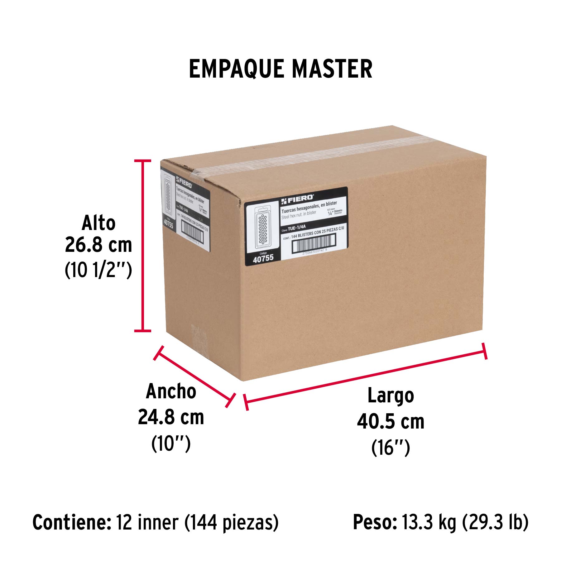 Blíster con 25 tuercas 1/4" hex de acero galvanizado, FIERO - Empaque