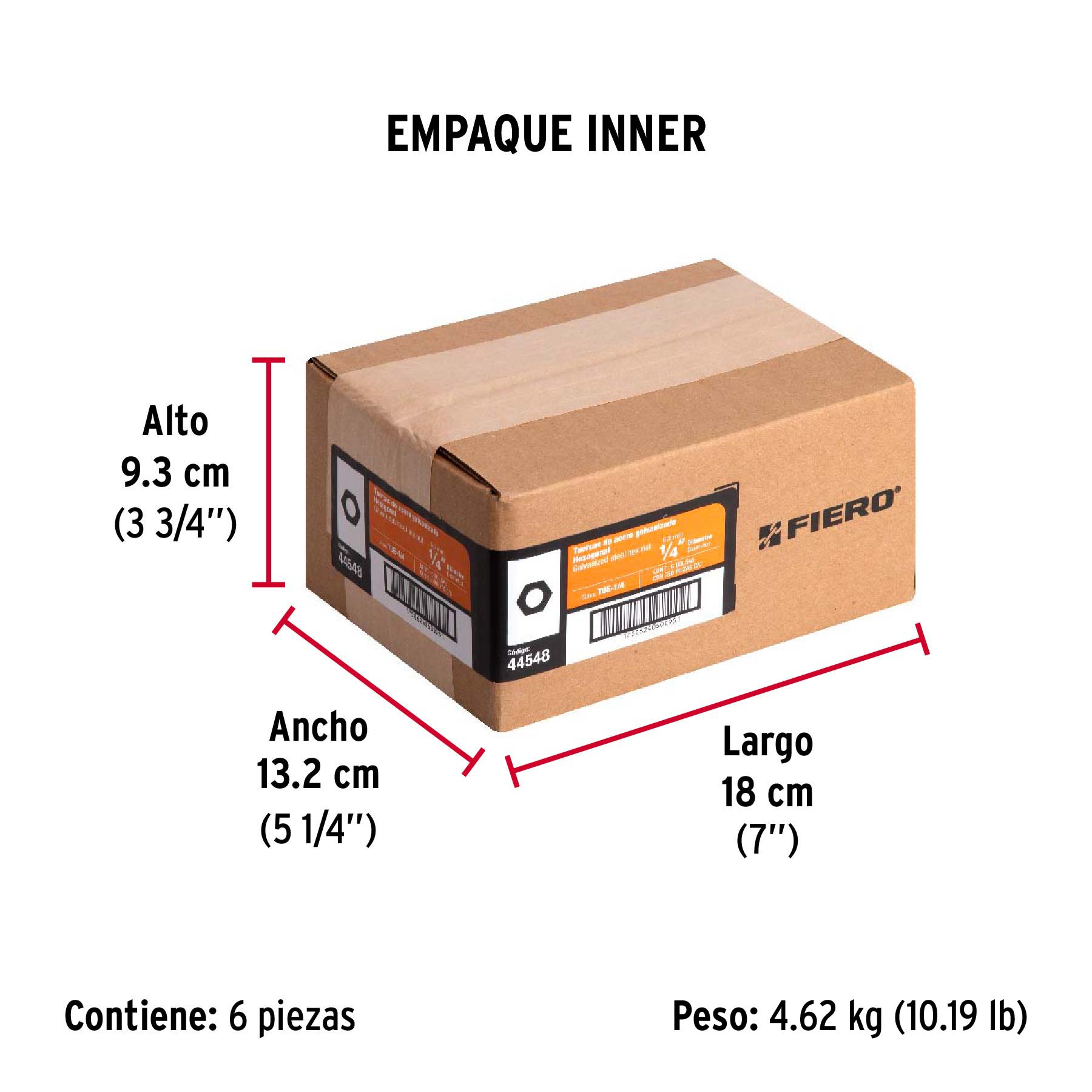 Bolsa con 250 tuercas 1/4" hexagonales de acero galvanizado - Empaque