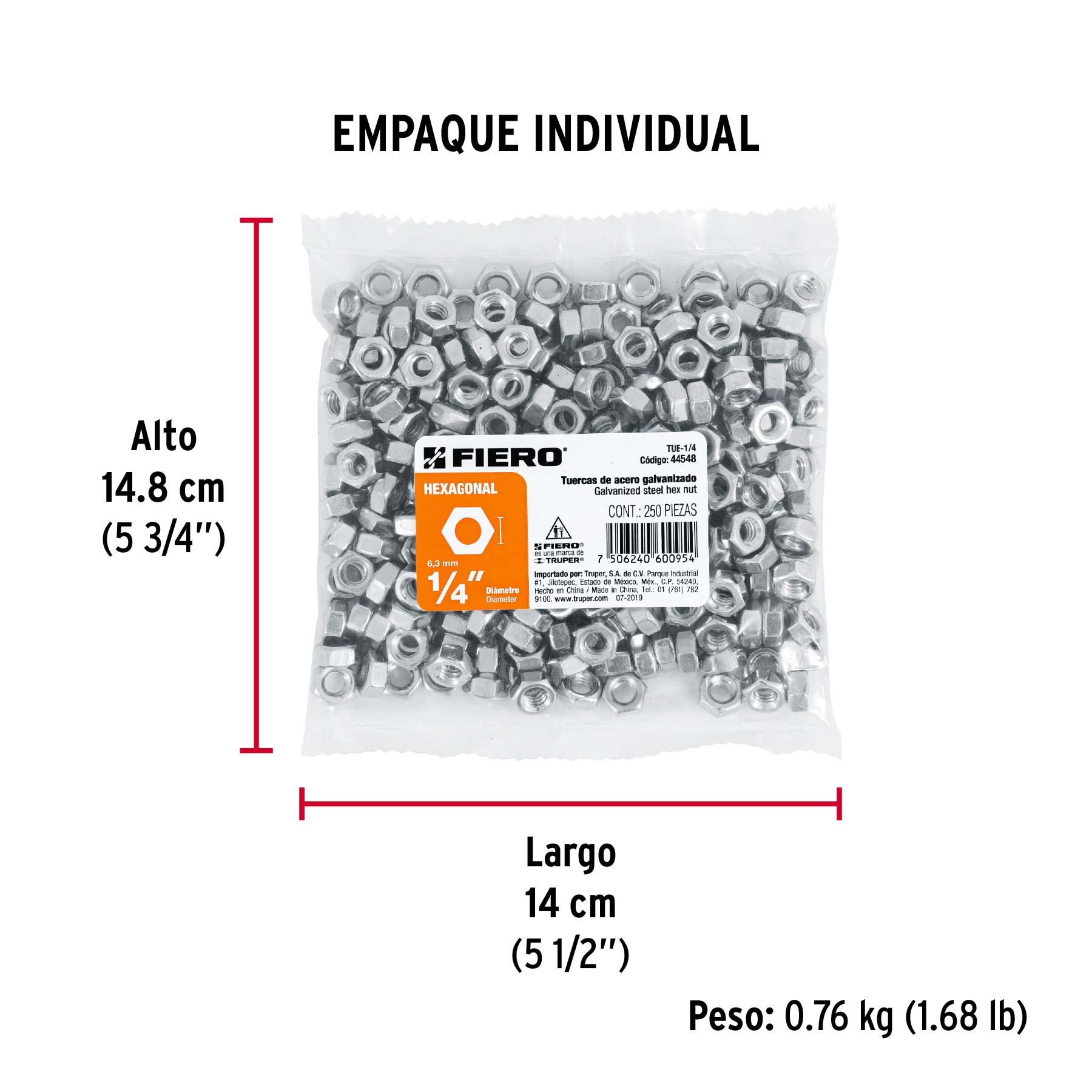 Bolsa con 250 tuercas 1/4" hexagonales de acero galvanizado - Empaque
