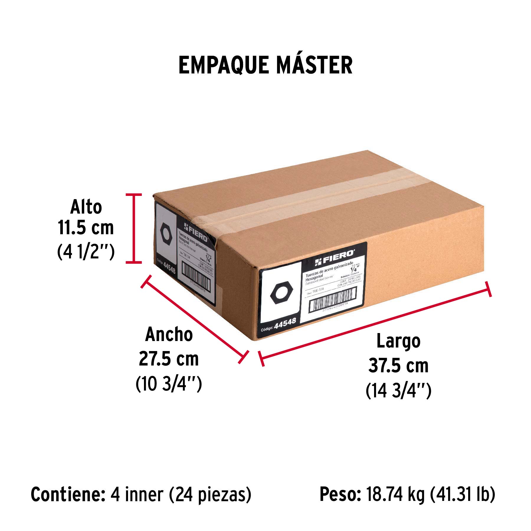 Bolsa con 250 tuercas 1/4" hexagonales de acero galvanizado - Empaque