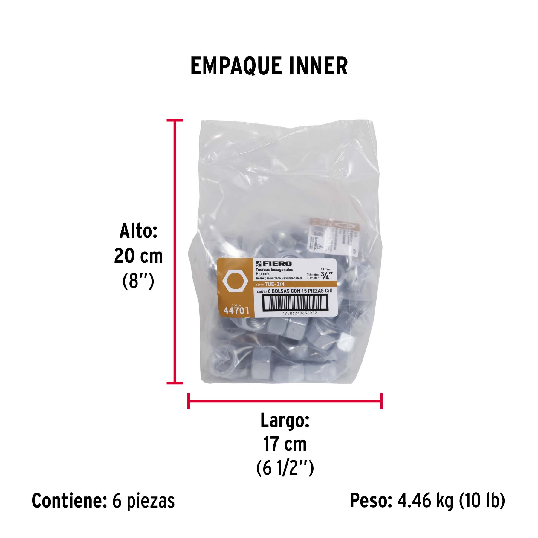Bolsa con 15 tuercas 3/4" hexagonales de acero galvanizado - Empaque