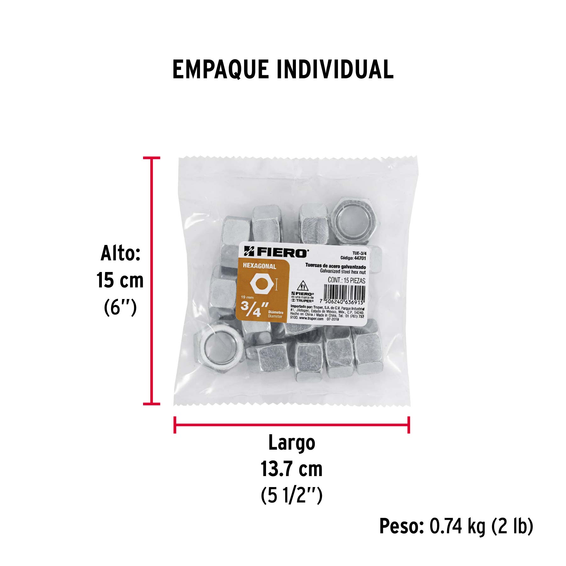 Bolsa con 15 tuercas 3/4" hexagonales de acero galvanizado - Empaque