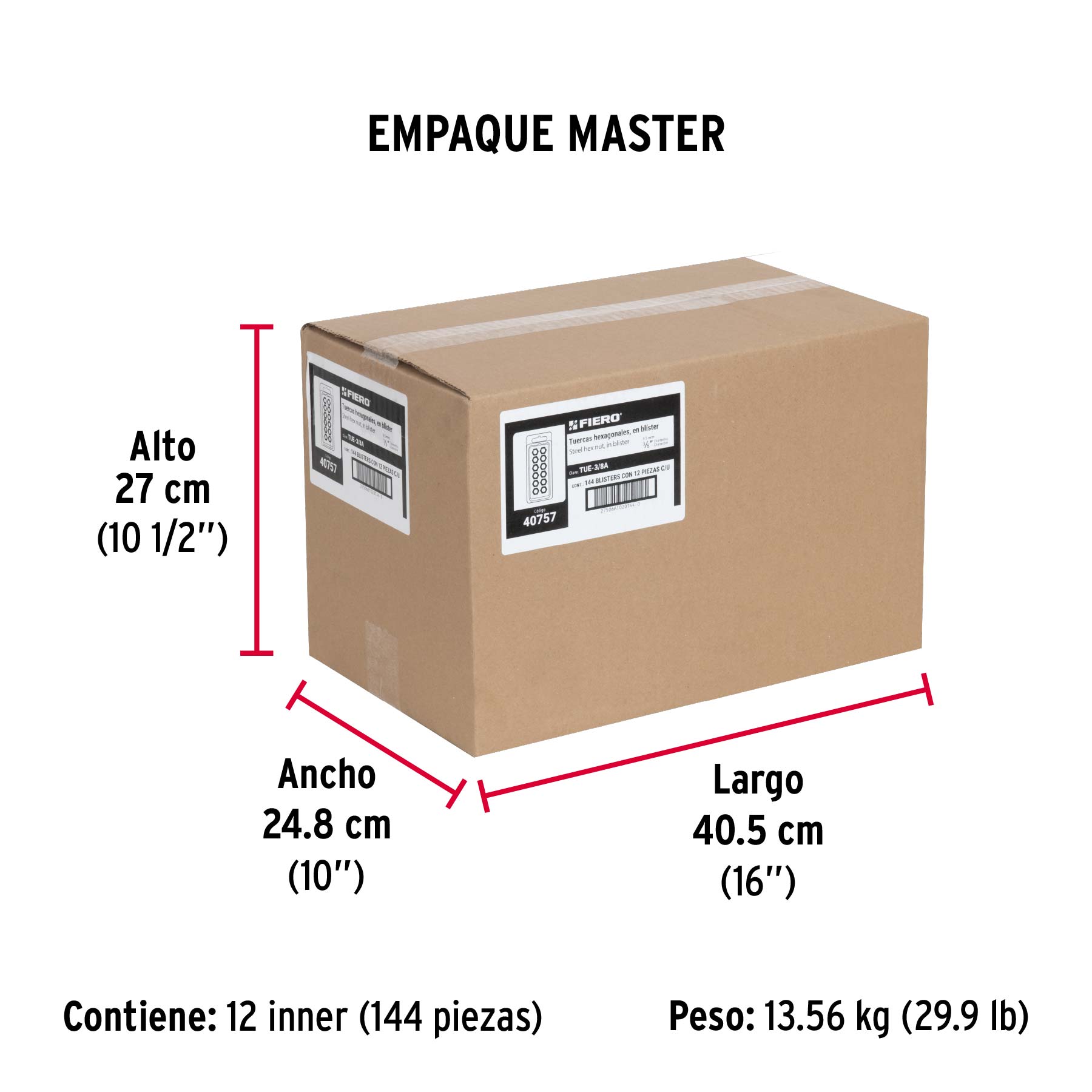 Blíster con 12 tuercas 3/8" hex de acero galvanizado, FIERO - Empaque