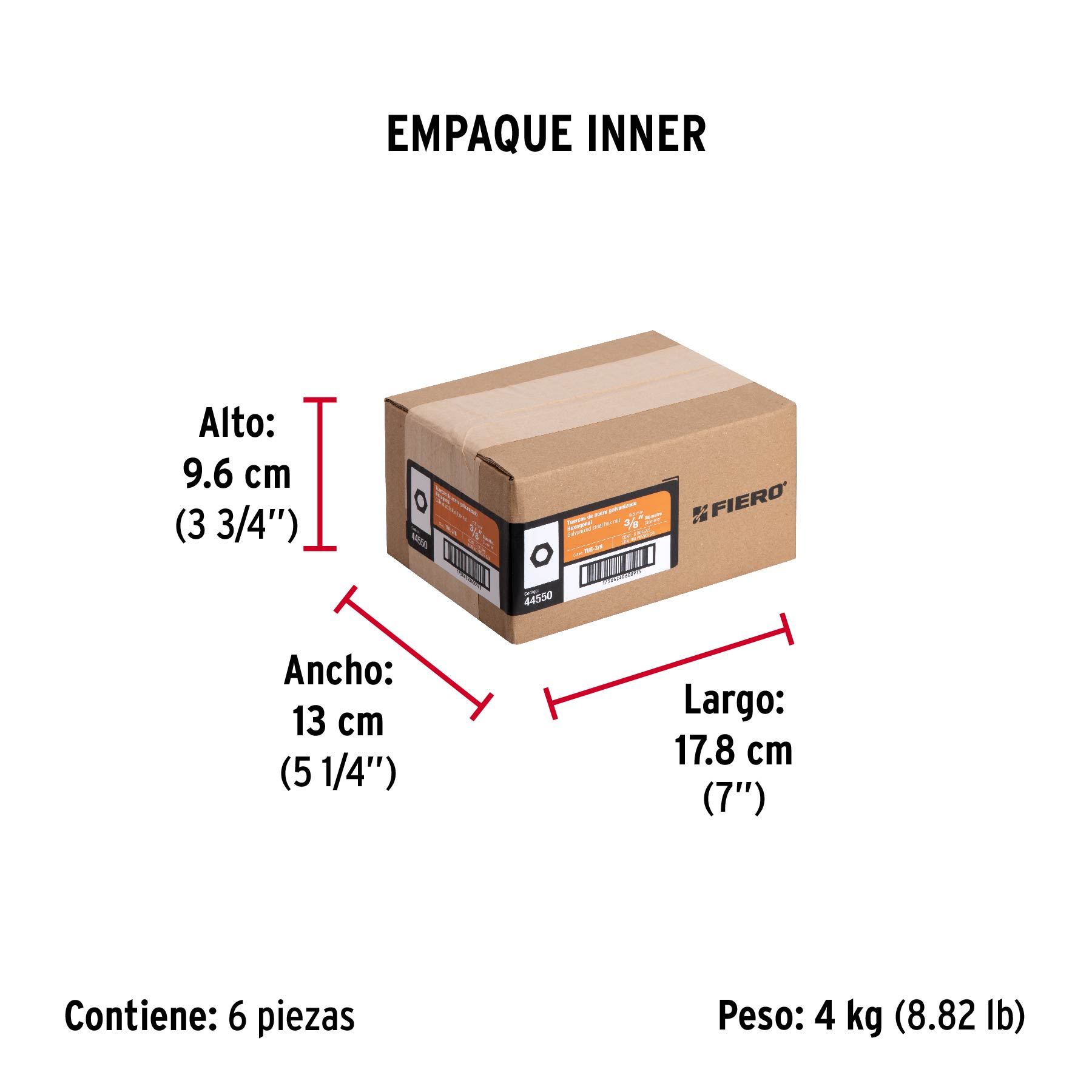Bolsa con 100 tuercas 3/8" hexagonales de acero galvanizado - Empaque