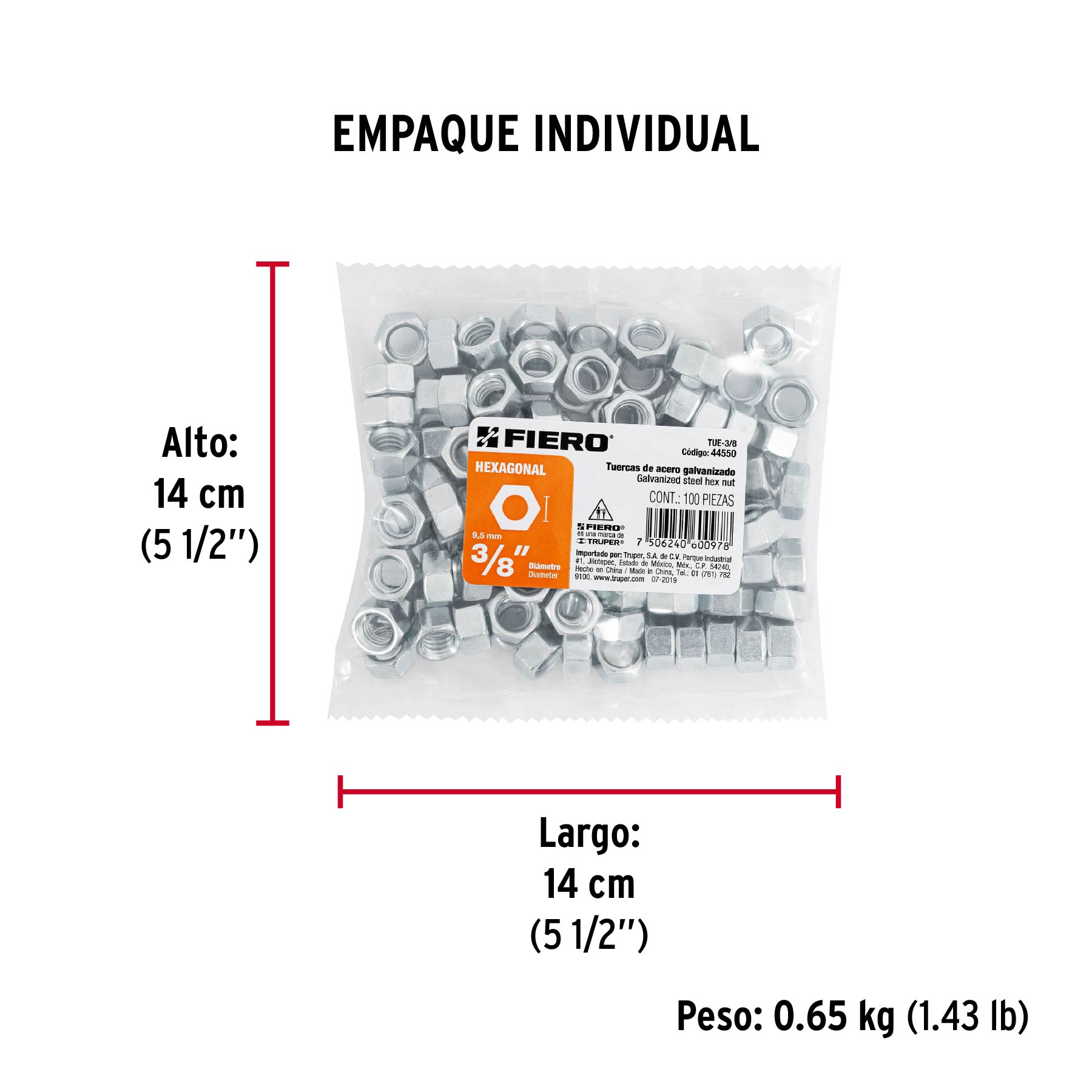 Bolsa con 100 tuercas 3/8" hexagonales de acero galvanizado - Empaque