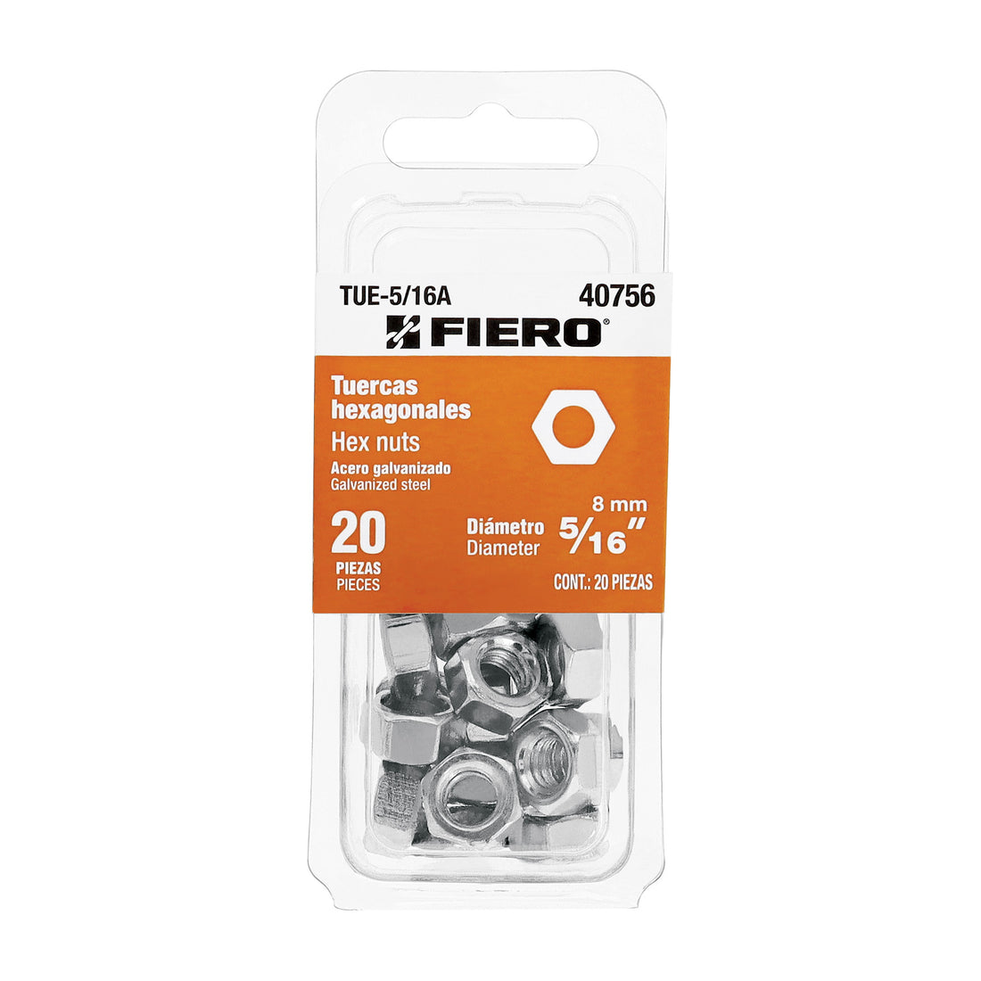 Blíster con 20 tuercas 5/16" hex de acero galvanizado, FIERO