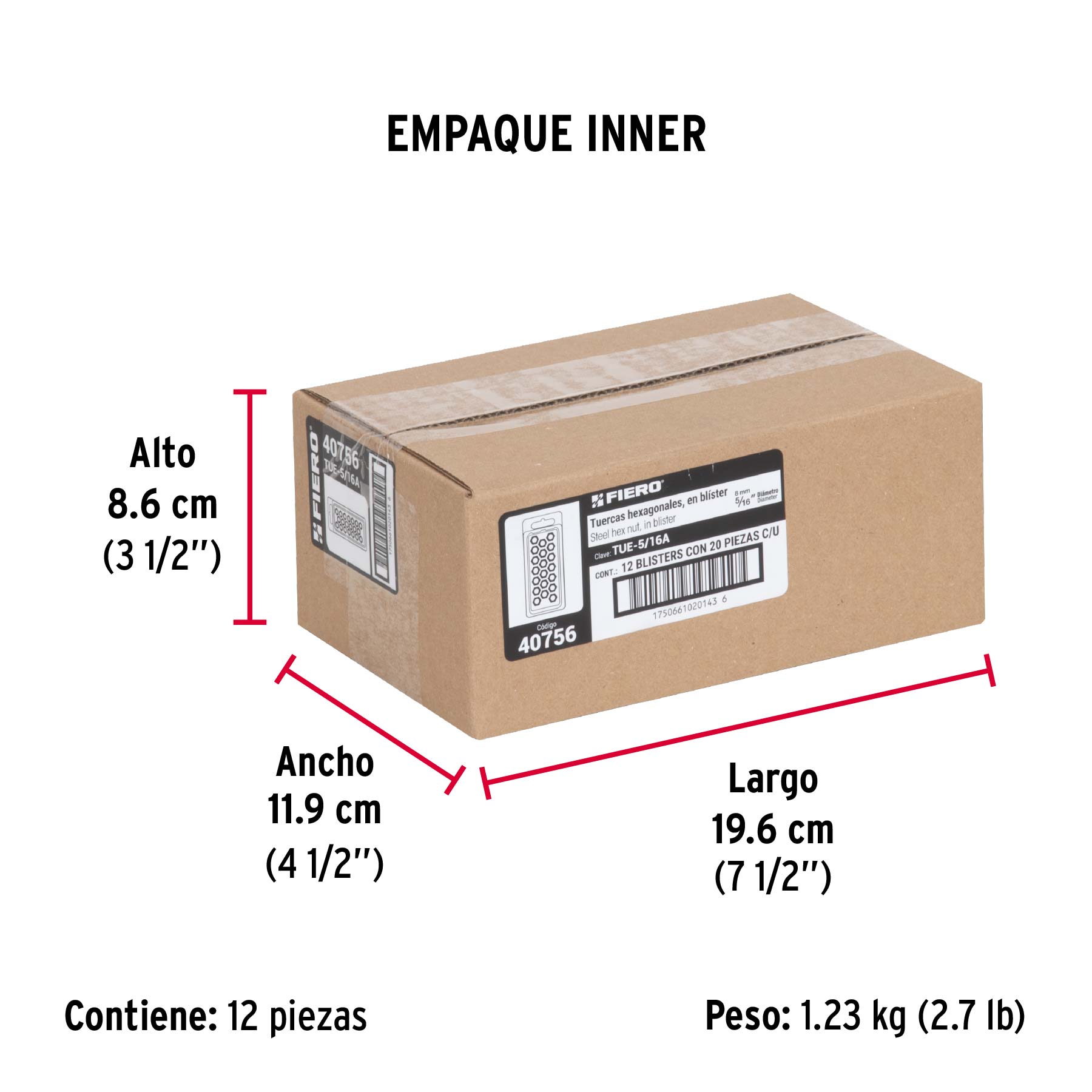 Blíster con 20 tuercas 5/16" hex de acero galvanizado, FIERO - Empaque