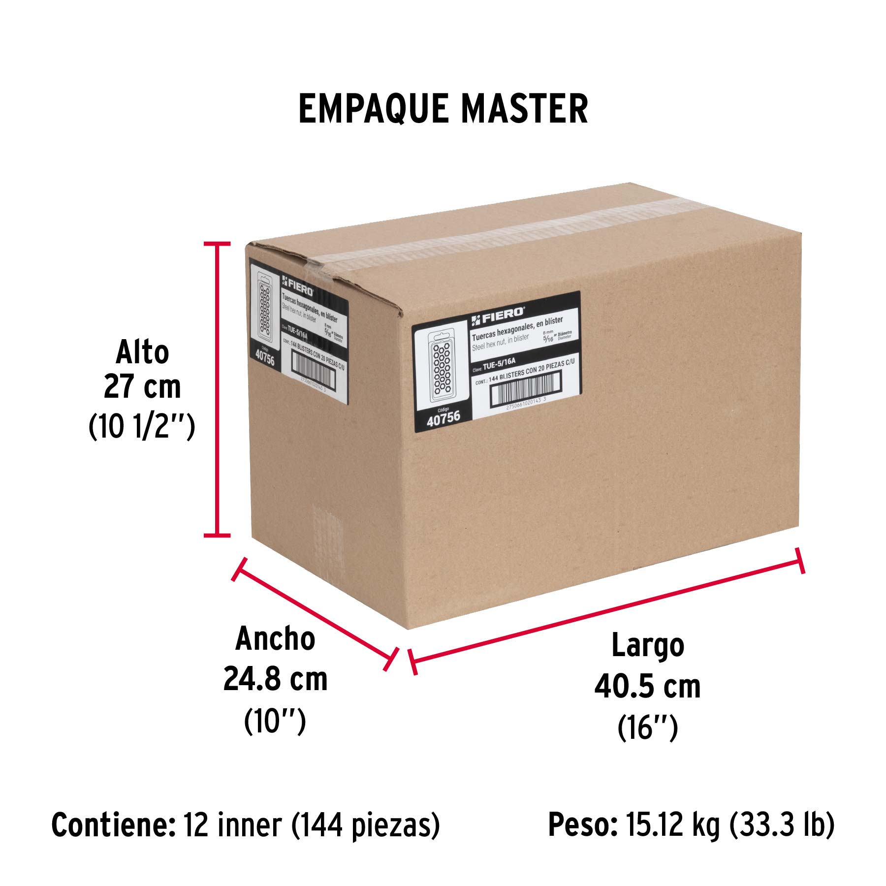 Blíster con 20 tuercas 5/16" hex de acero galvanizado, FIERO - Empaque