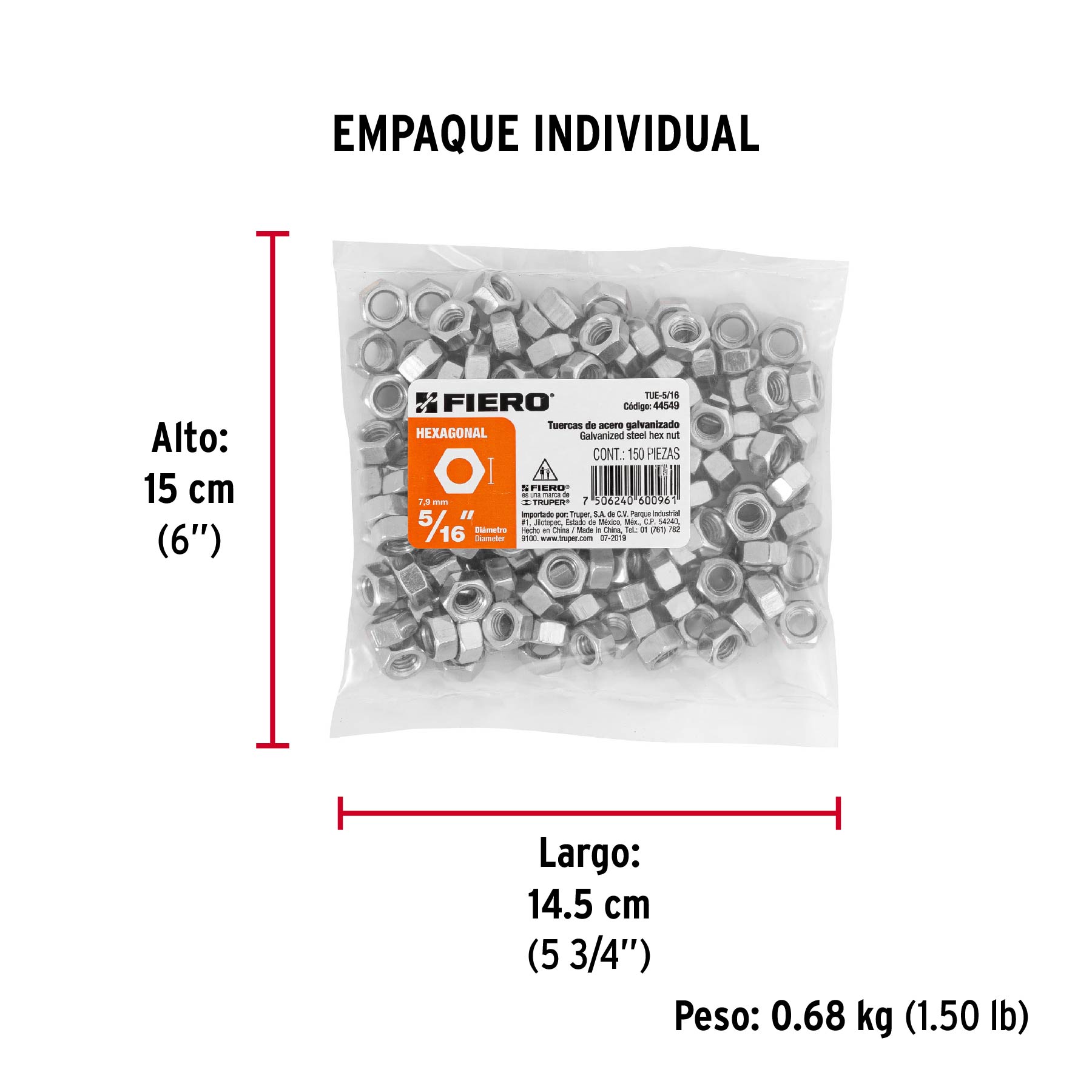 Bolsa con 150 tuercas 5/16" hexagonales de acero galvanizado - Empaque
