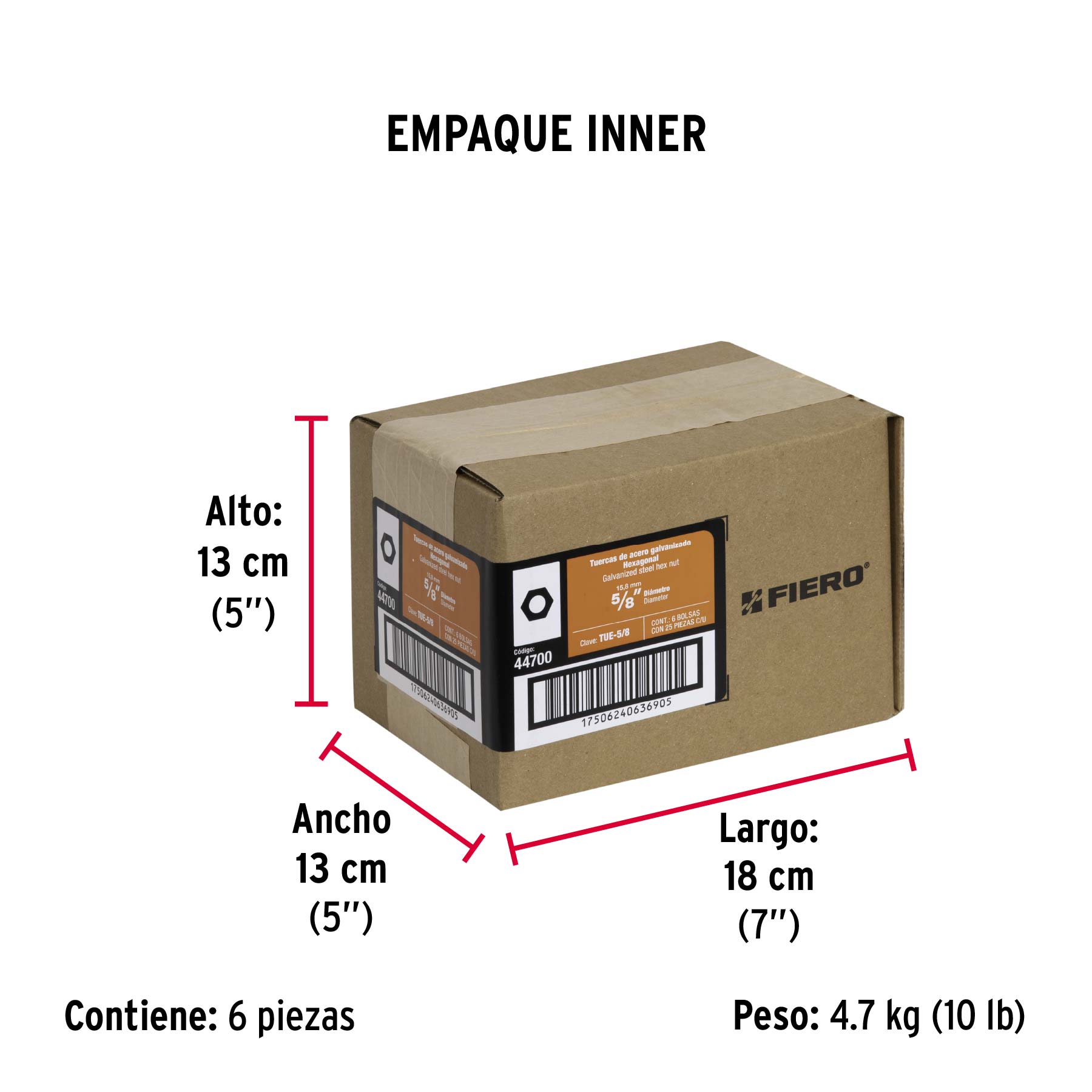 Bolsa con 25 tuercas 5/8" hexagonales de acero galvanizado - Empaque