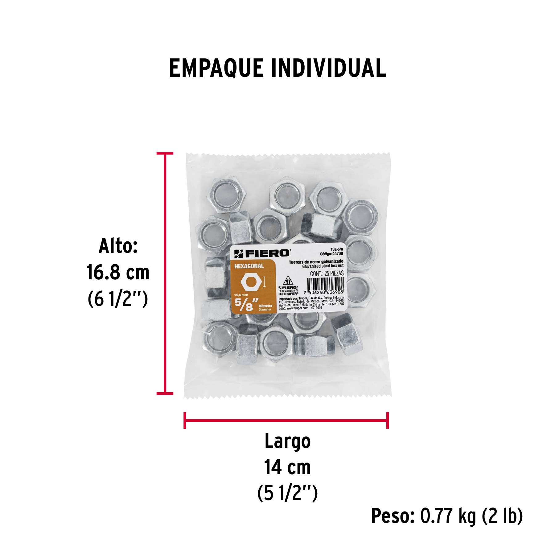 Bolsa con 25 tuercas 5/8" hexagonales de acero galvanizado - Empaque