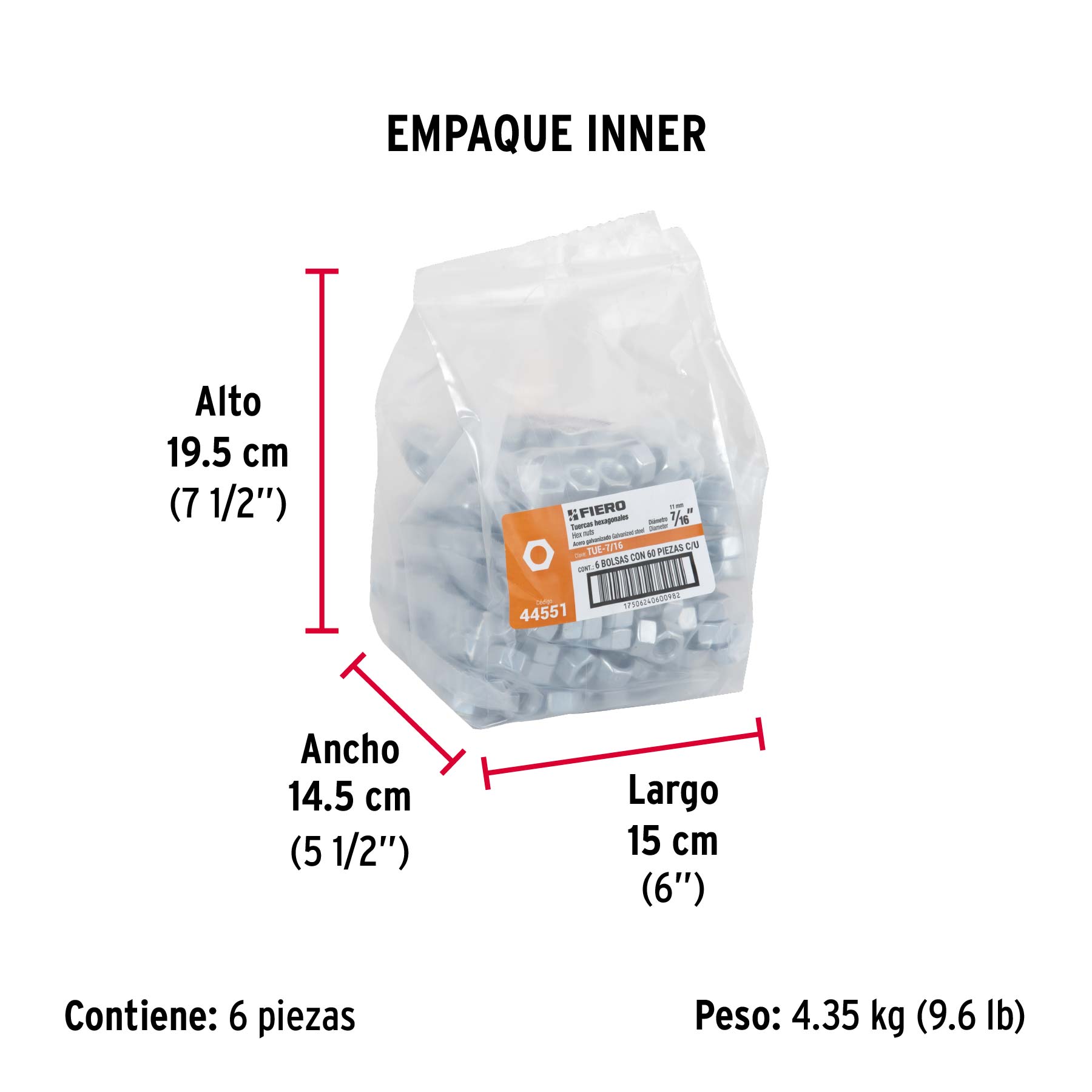 Bolsa con 60 tuercas 7/16" hexagonales de acero galvanizado - Empaque