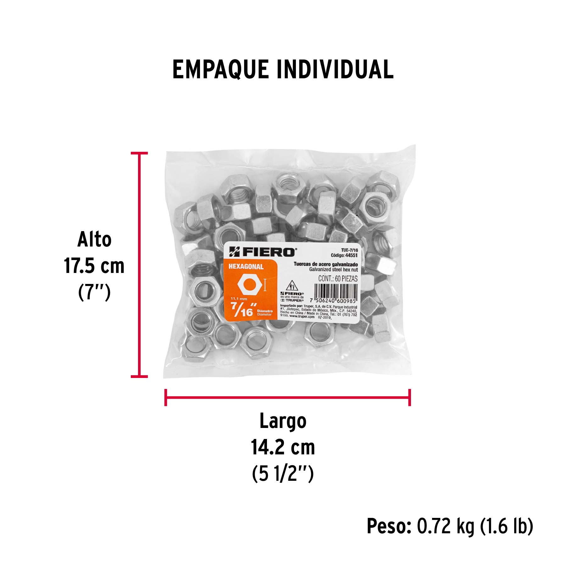 Bolsa con 60 tuercas 7/16" hexagonales de acero galvanizado - Empaque