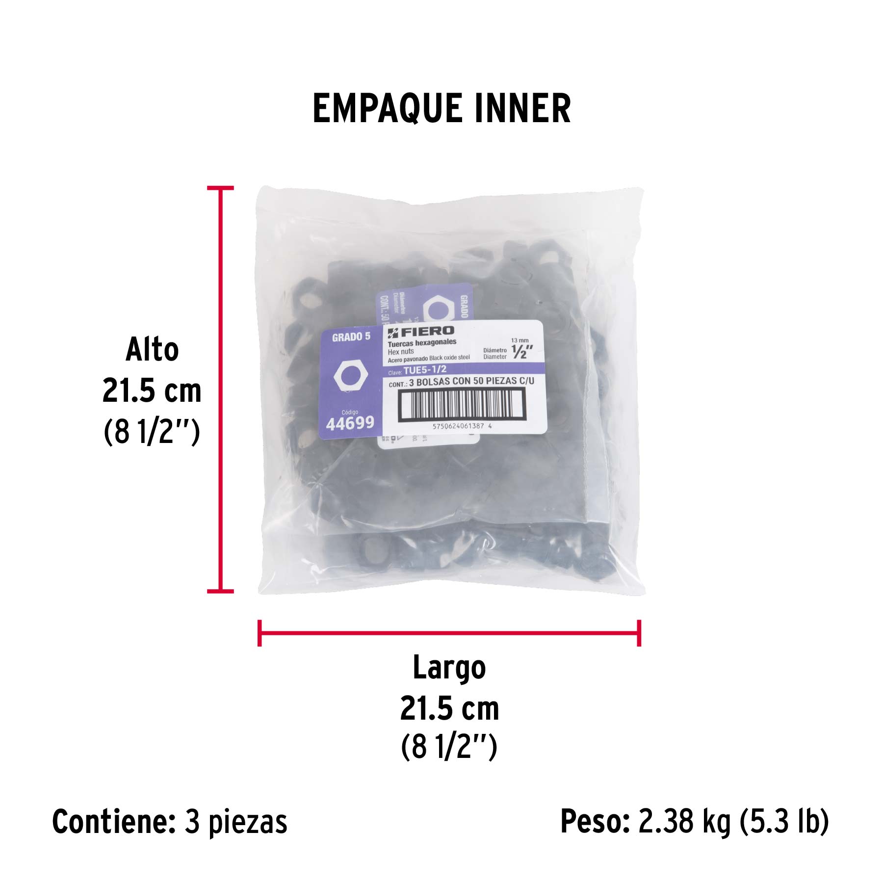Bolsa con 50 tuercas 1/2" hexagonales pavonadas, grado 5 - Empaque