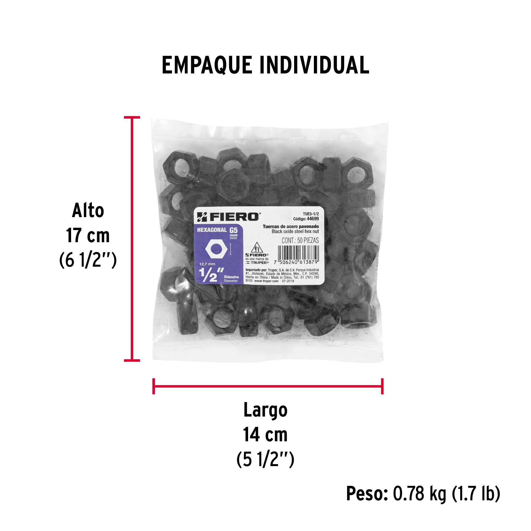Bolsa con 50 tuercas 1/2" hexagonales pavonadas, grado 5 - Empaque