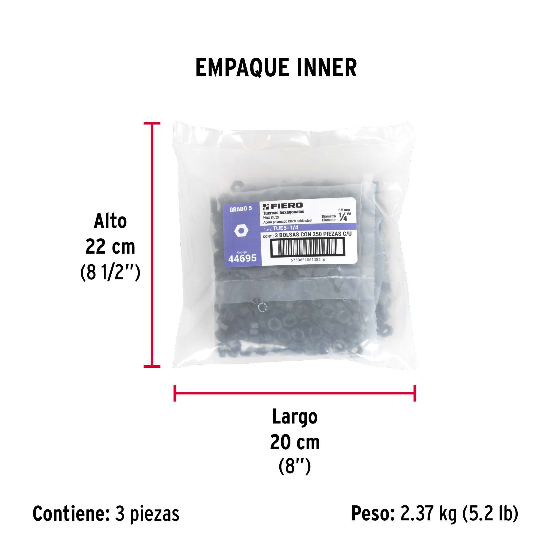 Bolsa con 250 tuercas 1/4" hexagonales pavonadas, grado 5 - Empaque
