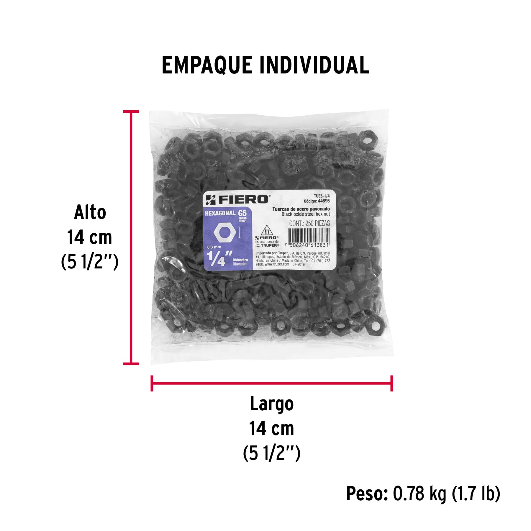 Bolsa con 250 tuercas 1/4" hexagonales pavonadas, grado 5 - Empaque