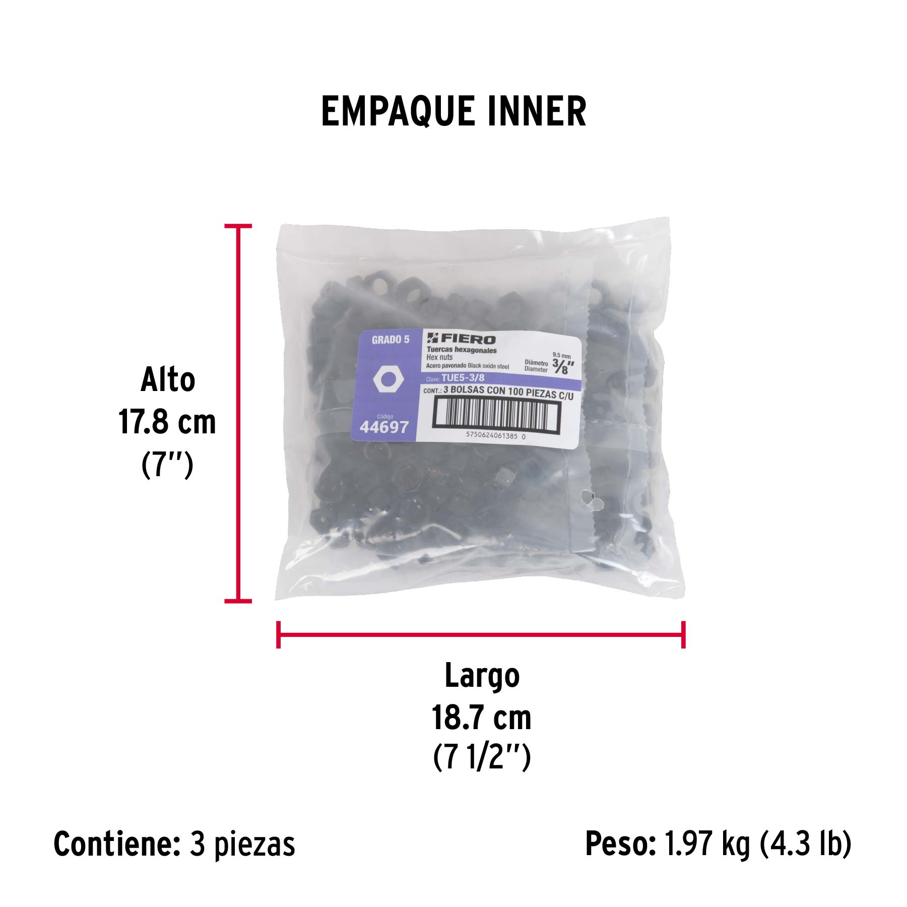 Bolsa con 100 tuercas 3/8" hexagonales pavonadas, grado 5 - Empaque