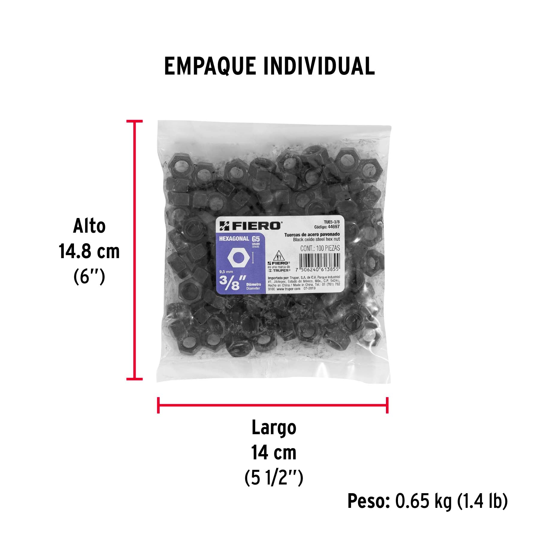 Bolsa con 100 tuercas 3/8" hexagonales pavonadas, grado 5 - Empaque