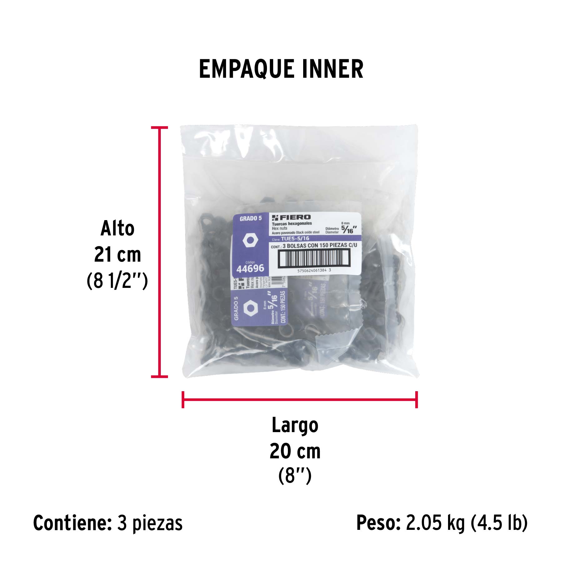Bolsa con 150 tuercas 5/16" hexagonales pavonadas, grado 5 - Empaque