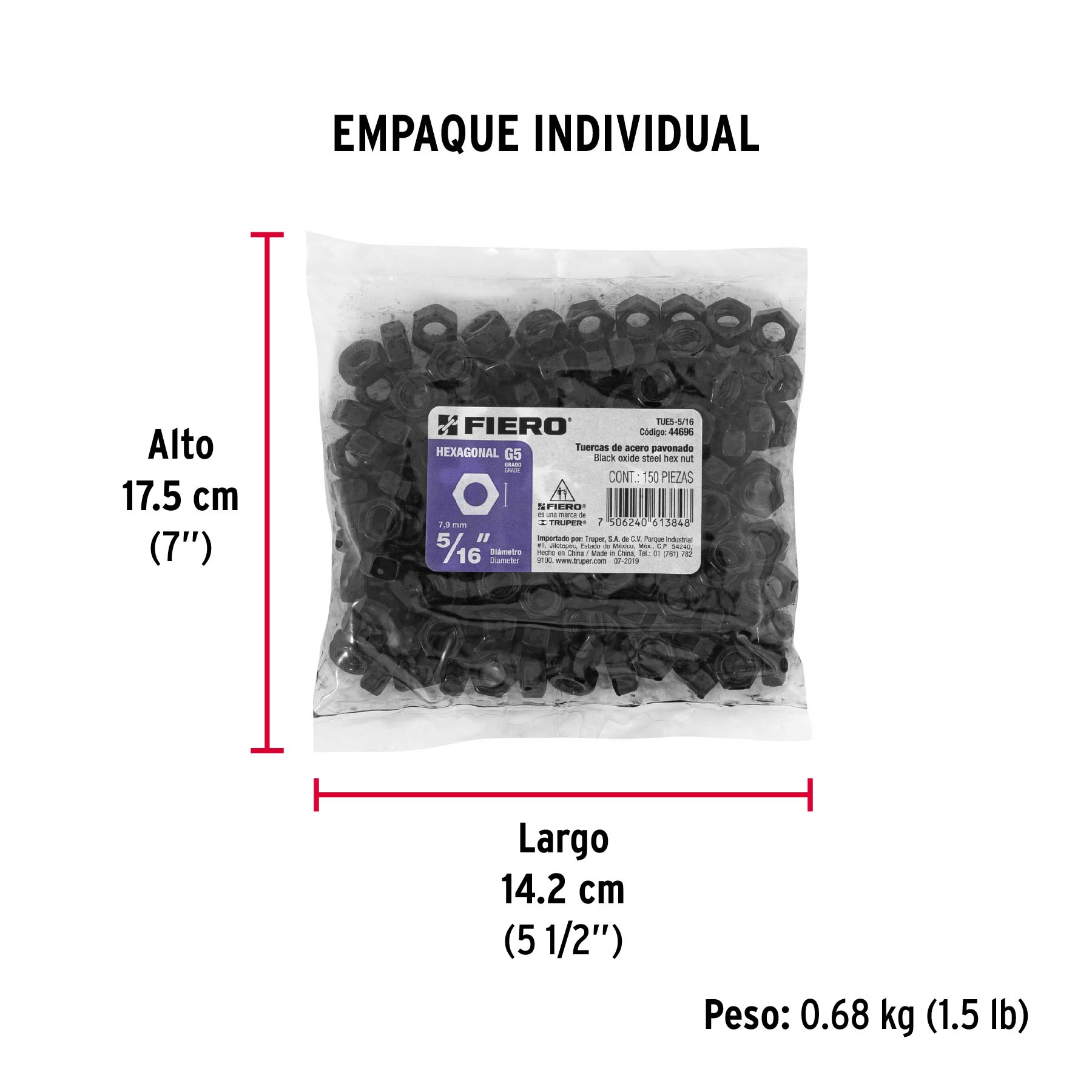 Bolsa con 150 tuercas 5/16" hexagonales pavonadas, grado 5 - Empaque