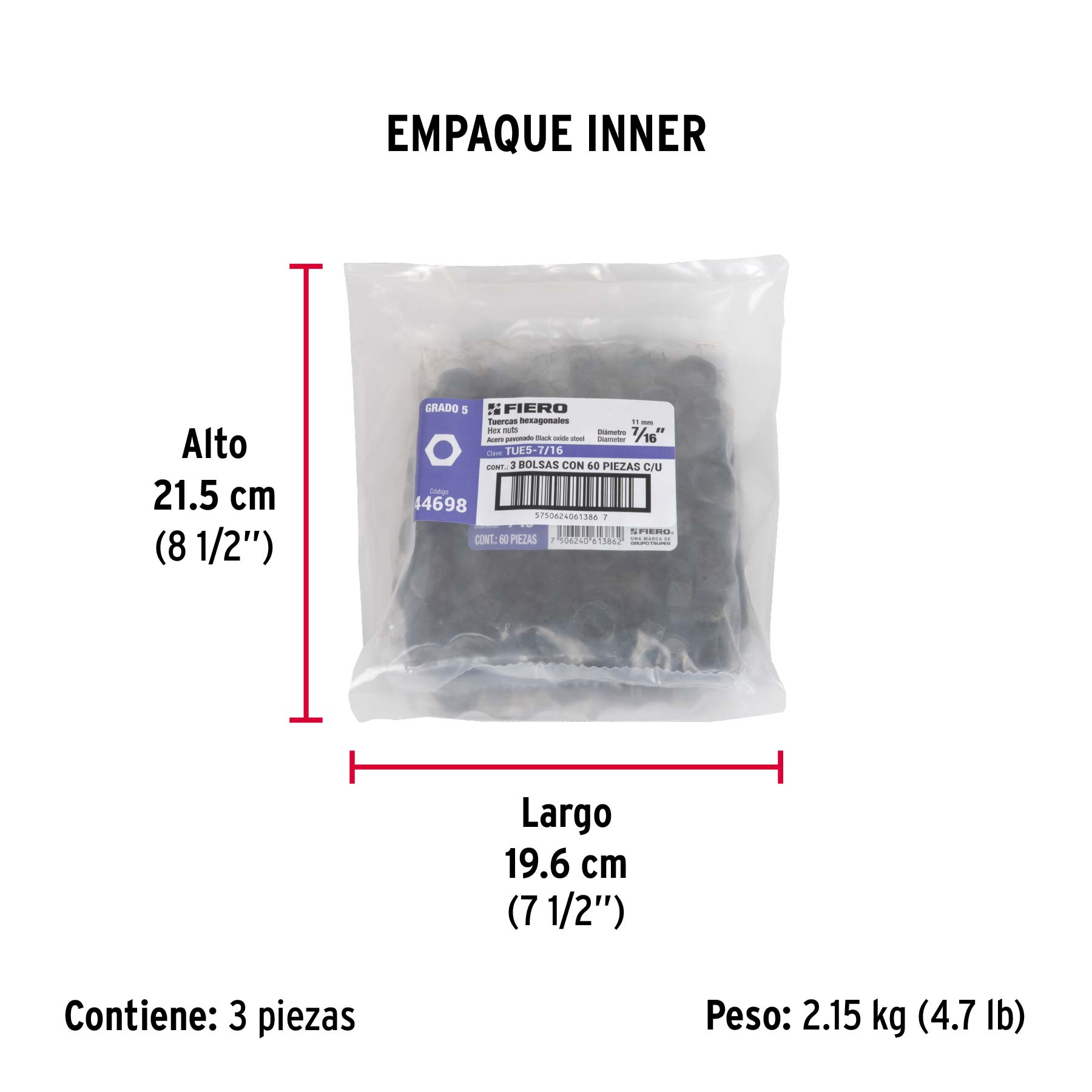 Bolsa con 60 tuercas 7/16" hexagonales pavonadas, grado 5 - Empaque