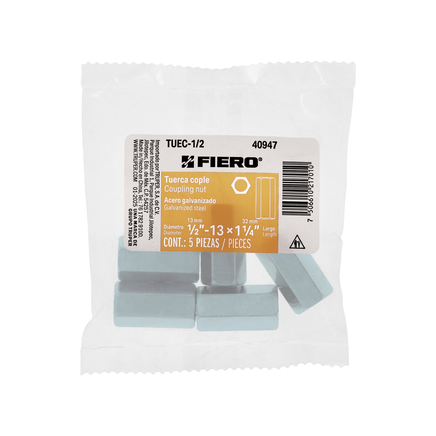 Bolsa con 5 tuercas cople, 1/2" acero galvanizado , FIERO