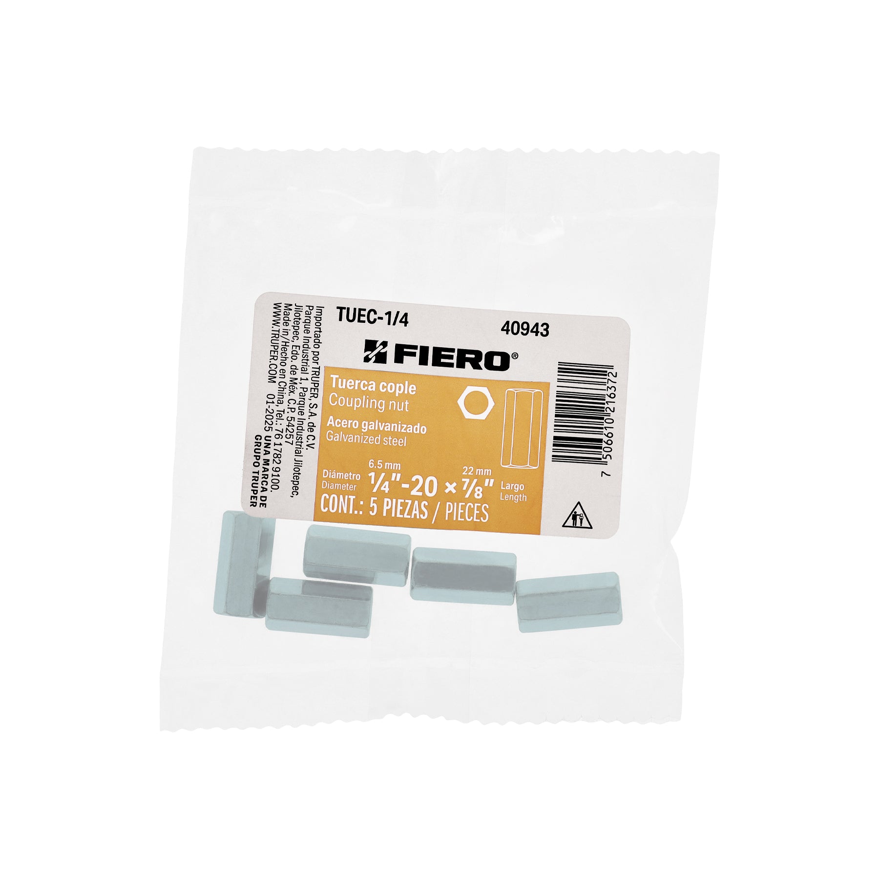 Bolsa con 5 tuercas cople, 1/4" acero galvanizado , FIERO