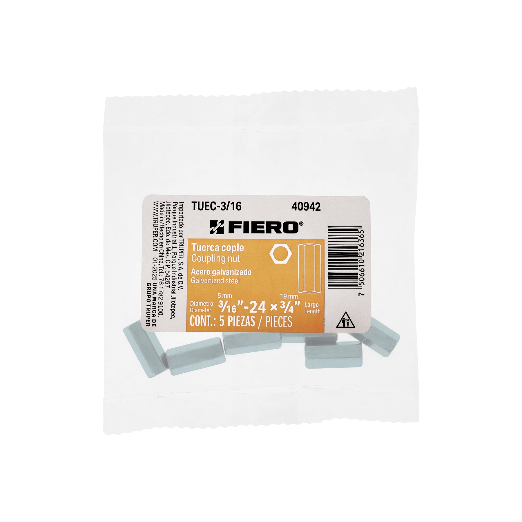 Bolsa con 5 tuercas cople, 3/16" acero galvanizado , FIERO