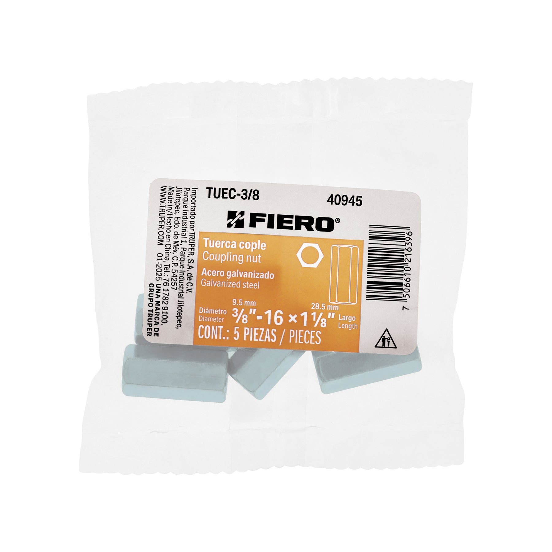 Bolsa con 5 tuercas cople, 3/8" acero galvanizado , FIERO