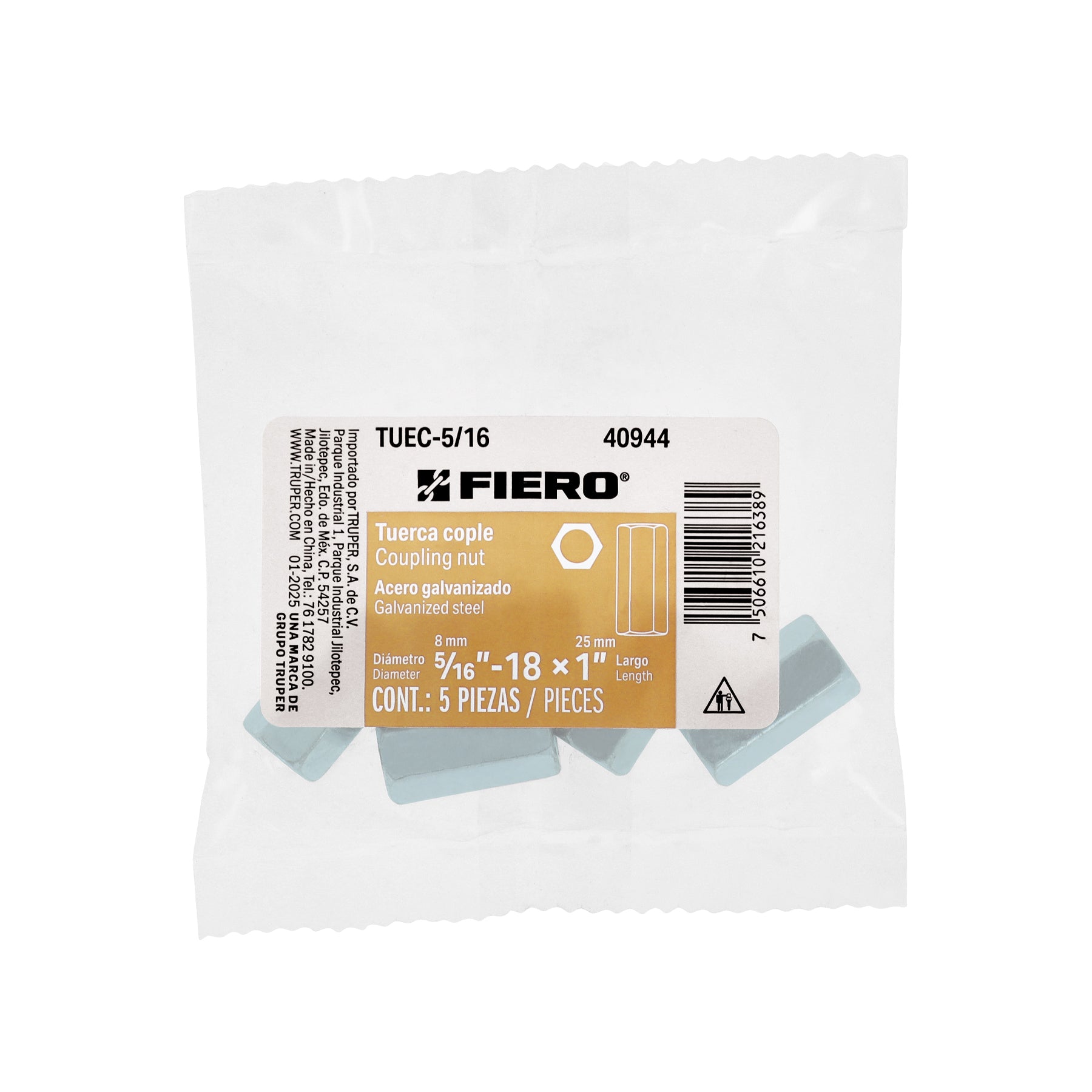Bolsa con 5 tuercas cople, 5/16" acero galvanizado , FIERO