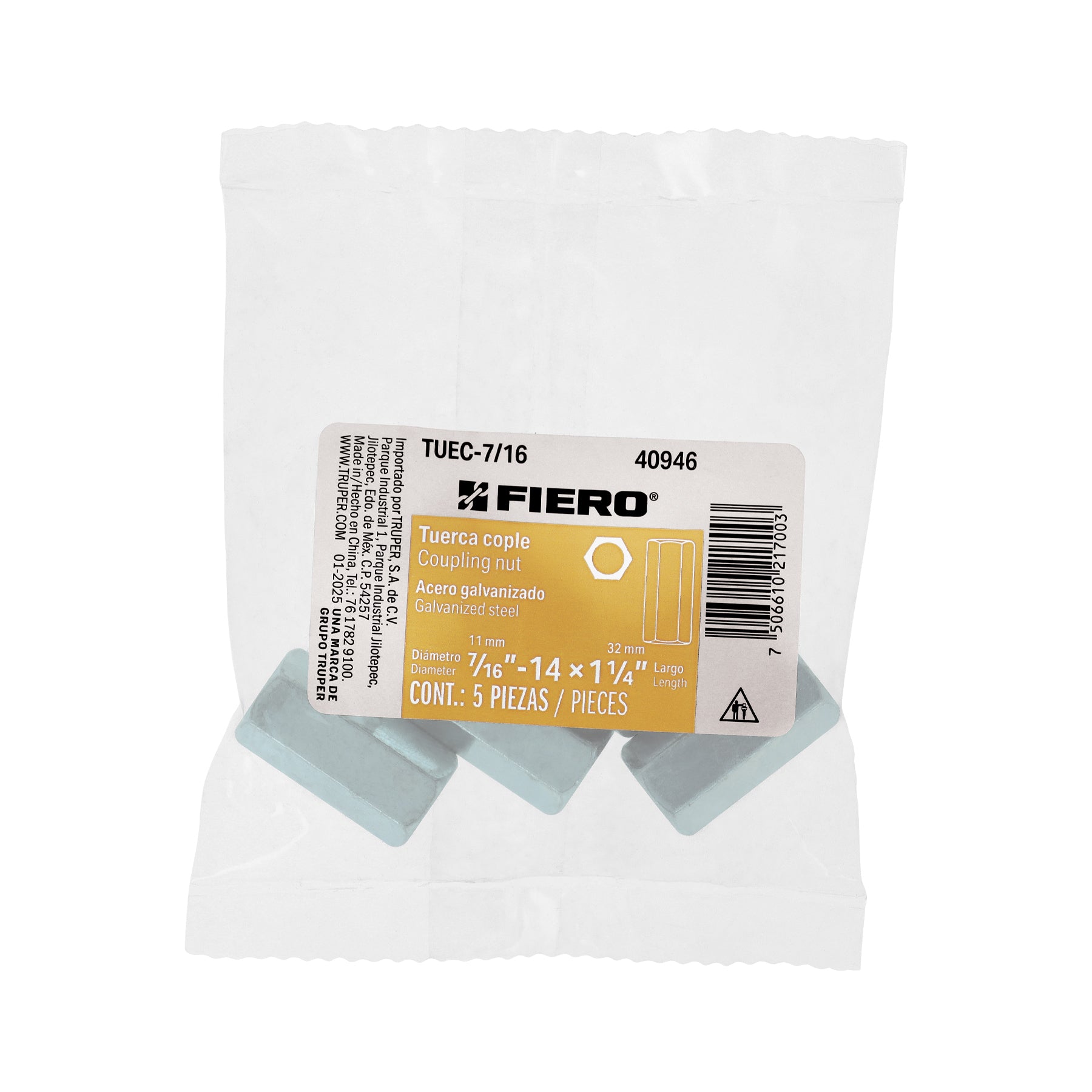 Bolsa con 5 tuercas cople, 7/16" acero galvanizado , FIERO