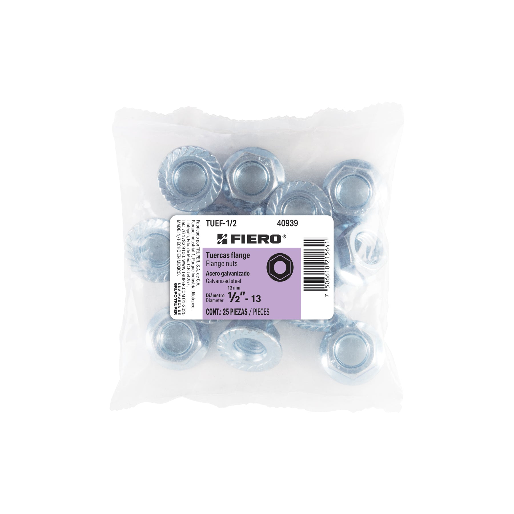 Bolsa con 25 tuercas flange, 1/2", acero galvanizado, FIERO