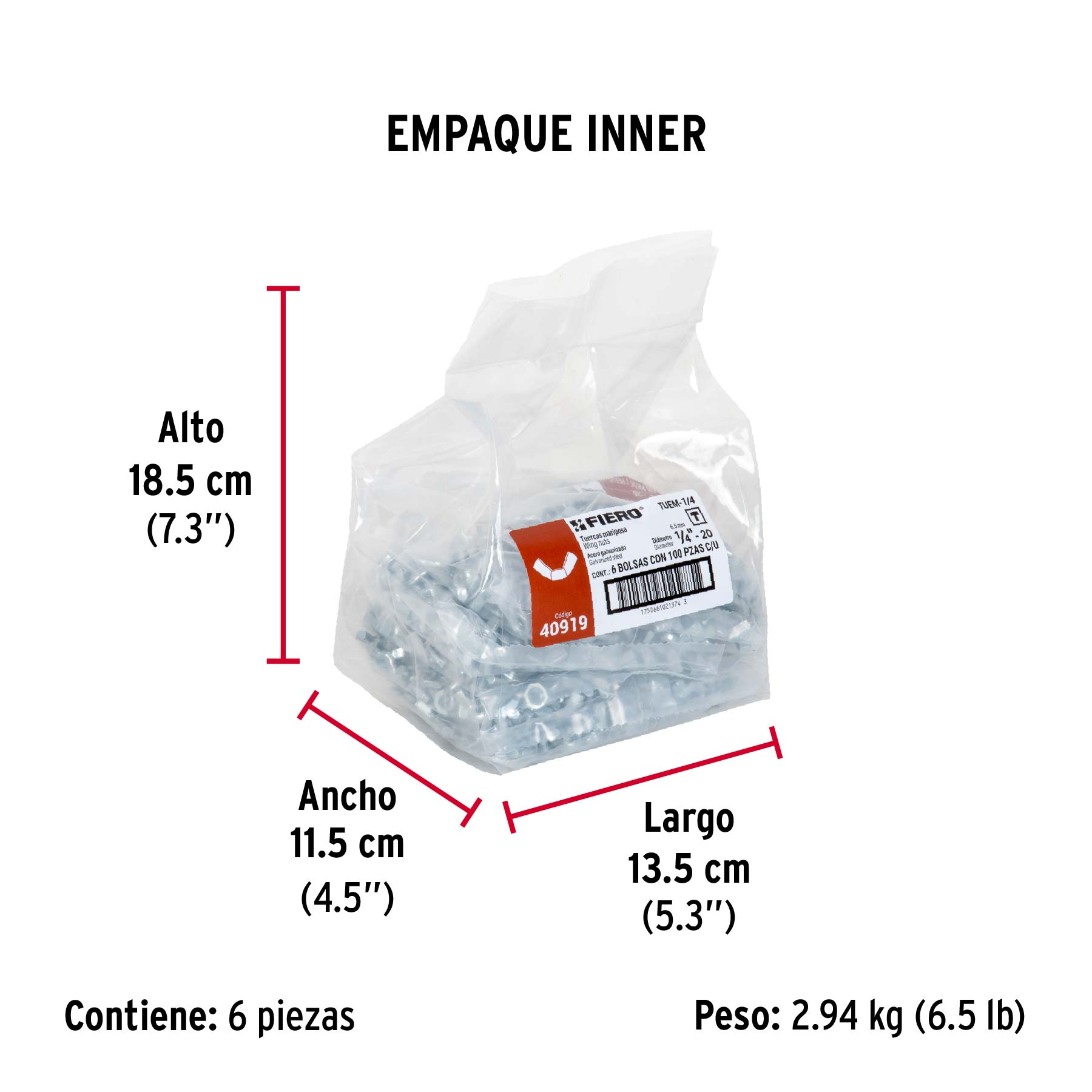 Bolsa con 100 tuercas tipo mariposa, 1/4" , FIERO - Empaque