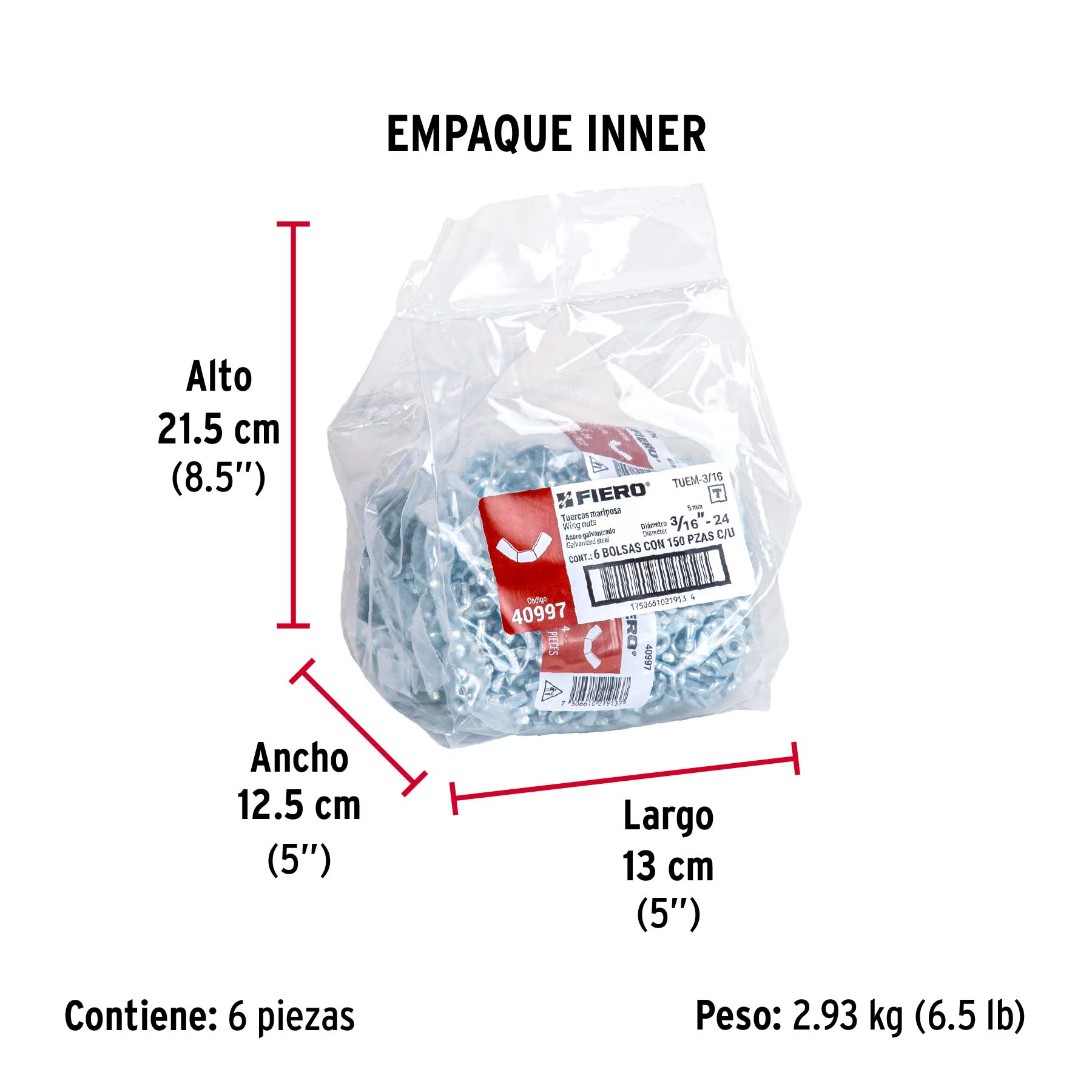 Bolsa con 150 tuercas tipo mariposa, 3/16" , FIERO - Empaque