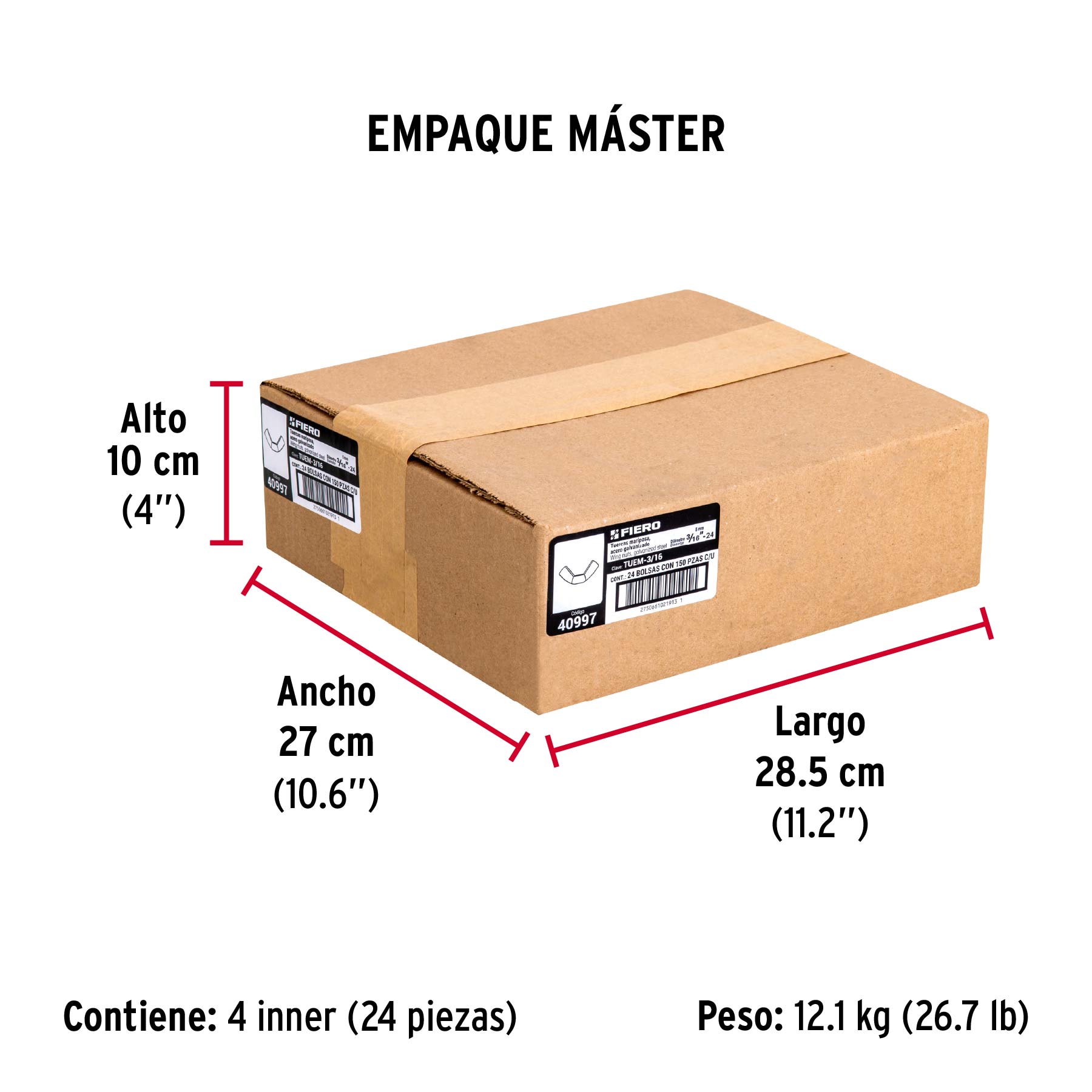 Bolsa con 150 tuercas tipo mariposa, 3/16" , FIERO - Empaque