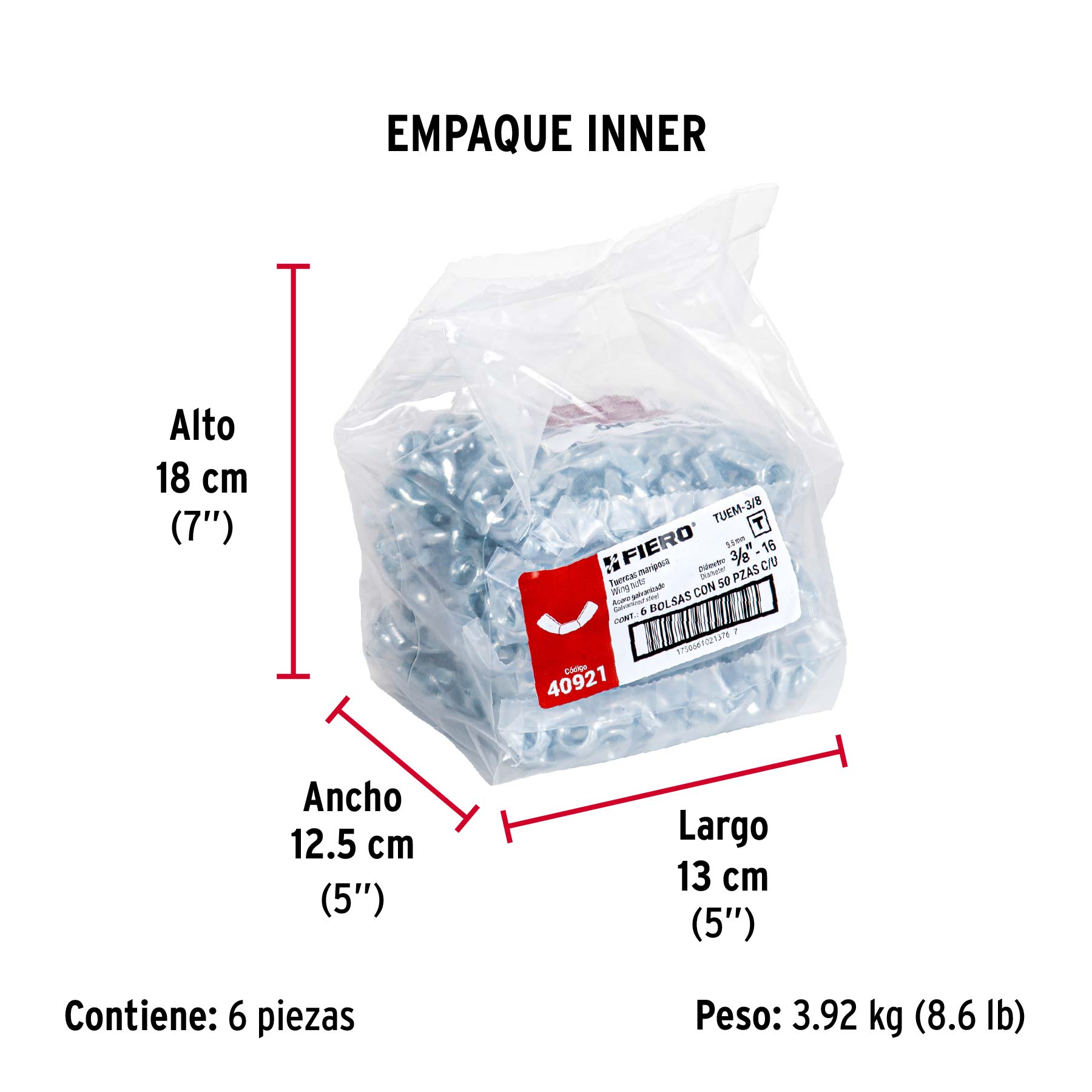 Bolsa con 50 tuercas tipo mariposa, 3/8" , FIERO - Empaque