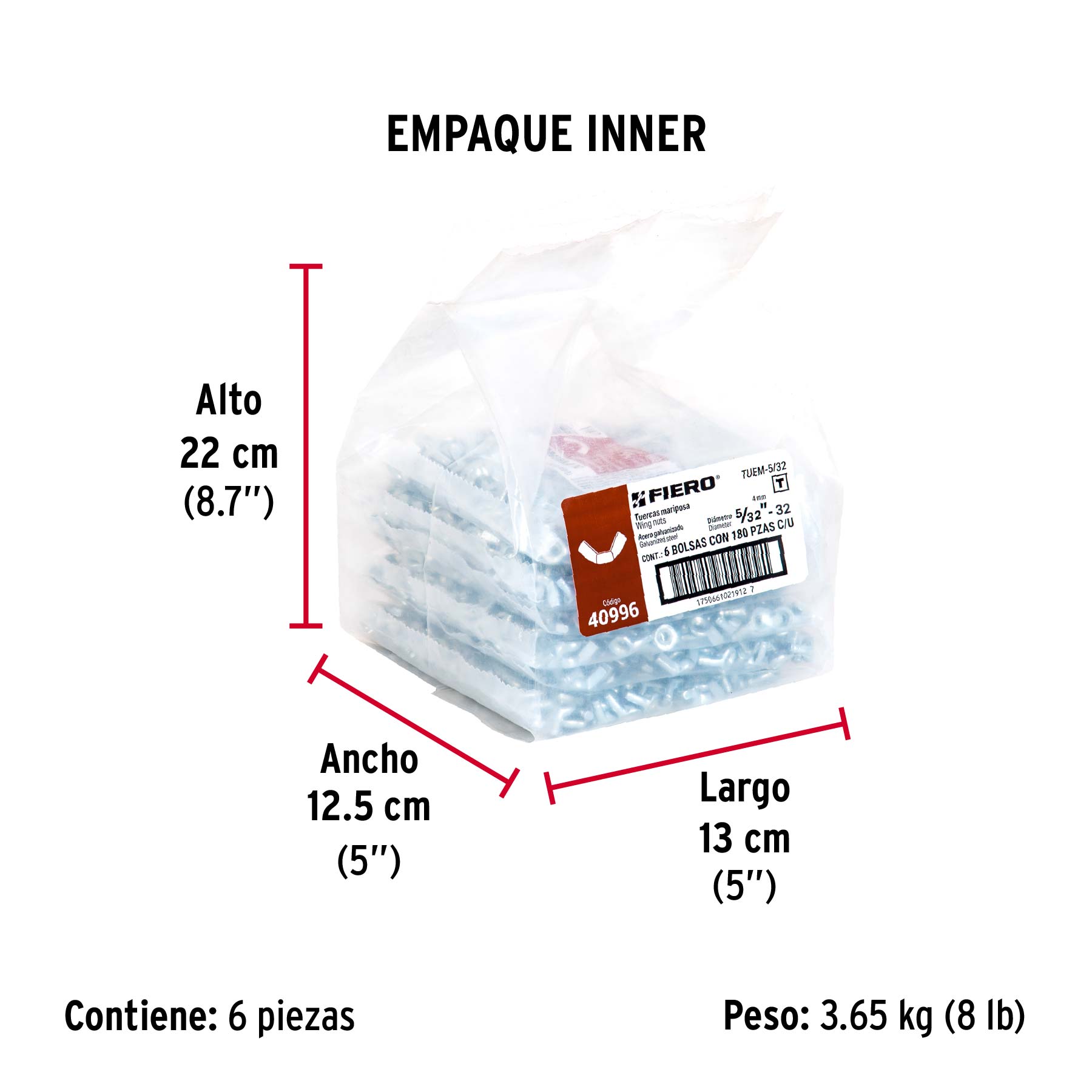 Bolsa con 180 tuercas tipo mariposa, 5/32" , FIERO - Empaque