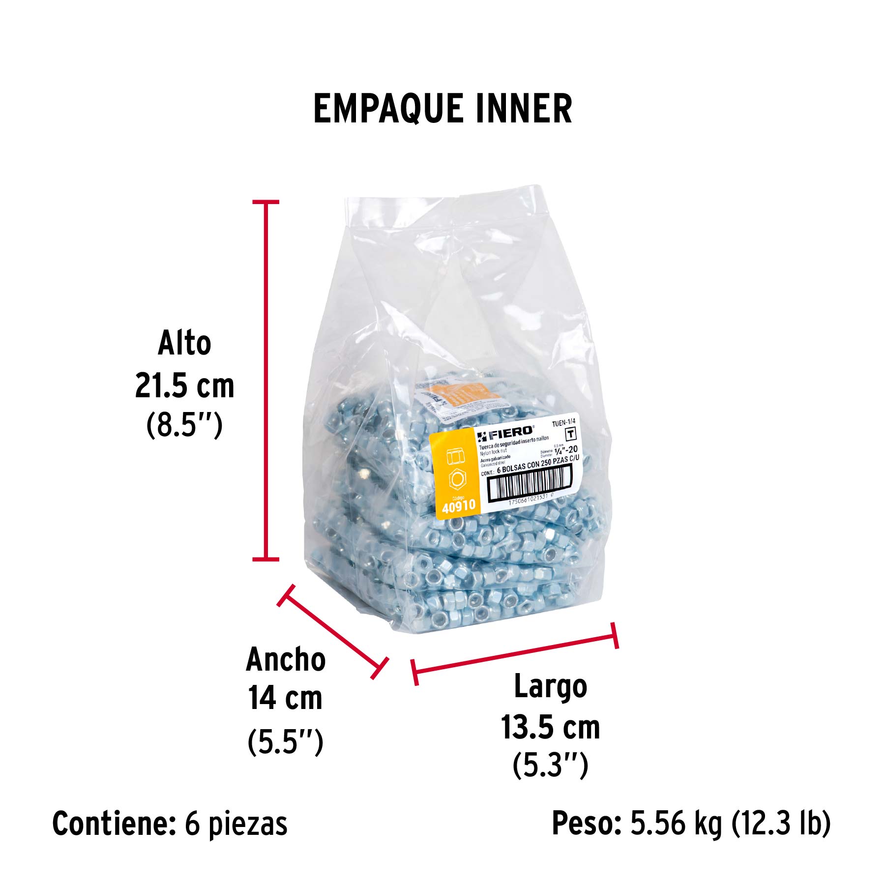 Bolsa con 250 tuercas de seguridad, 1/4" , FIERO - Empaque