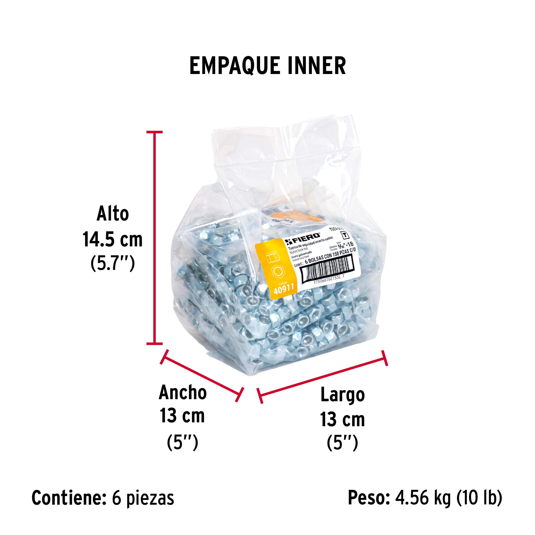 Bolsa con 150 tuercas de seguridad, 5/16" , FIERO - Empaque