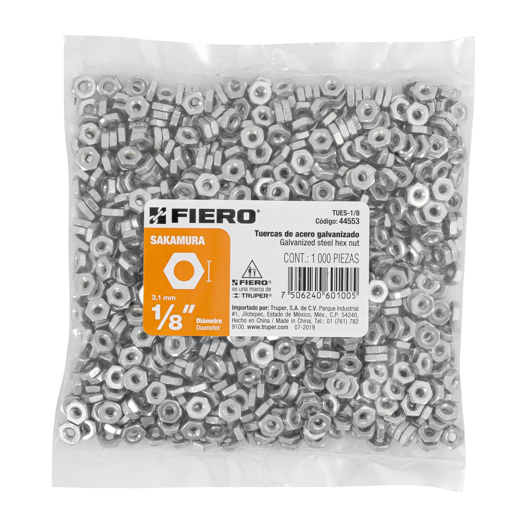 Bolsa con 1000 tuercas 1/8" hexagonales tipo Sakamura, FIERO