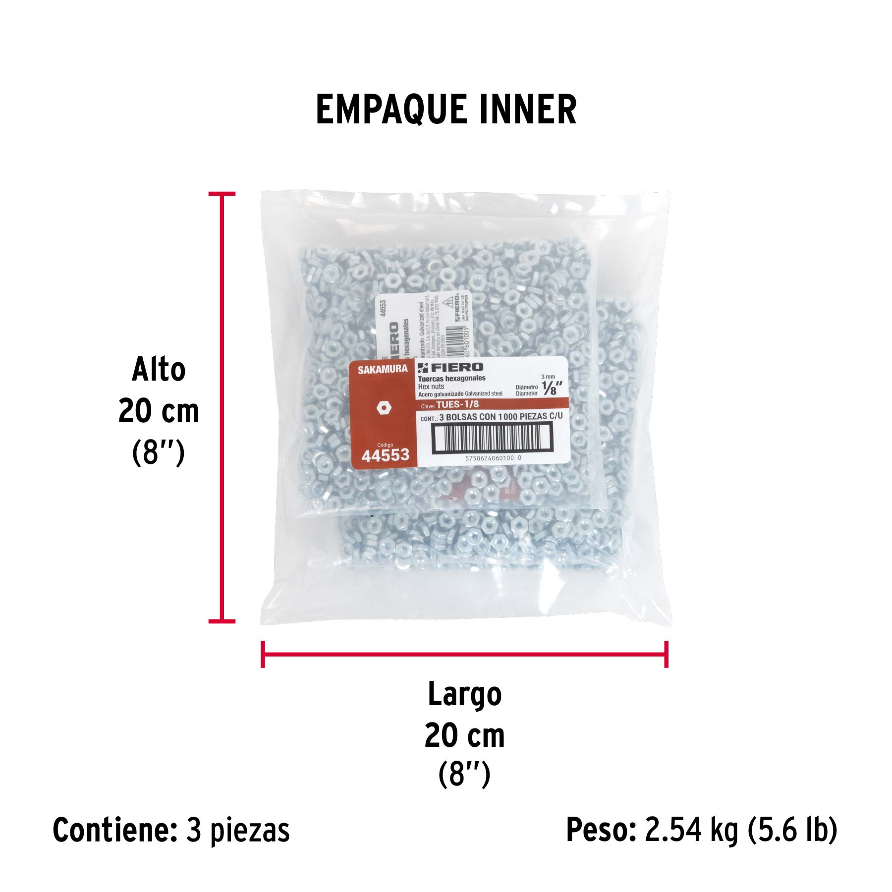 Bolsa con 1000 tuercas 1/8" hexagonales tipo Sakamura, FIERO - Empaque