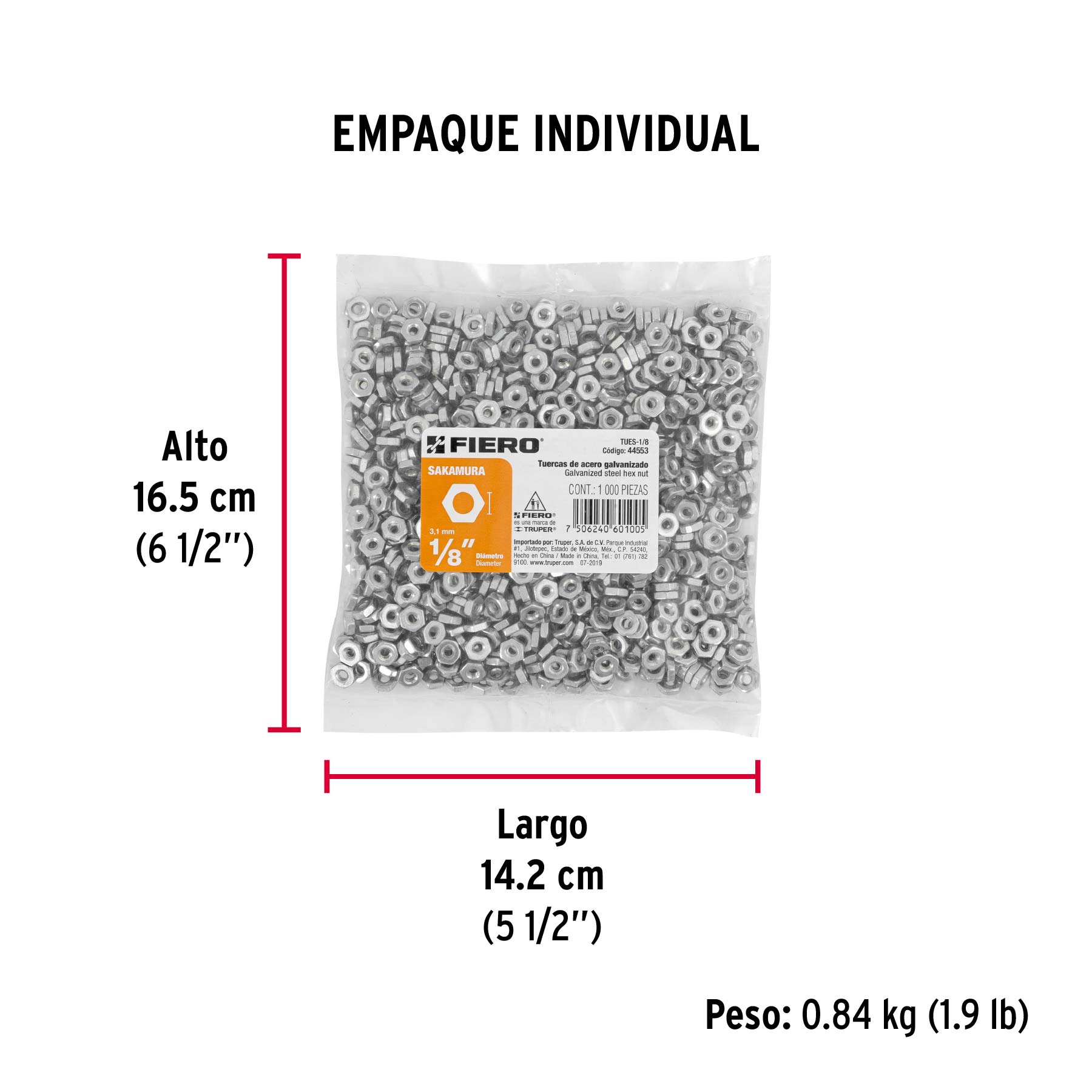 Bolsa con 1000 tuercas 1/8" hexagonales tipo Sakamura, FIERO - Empaque