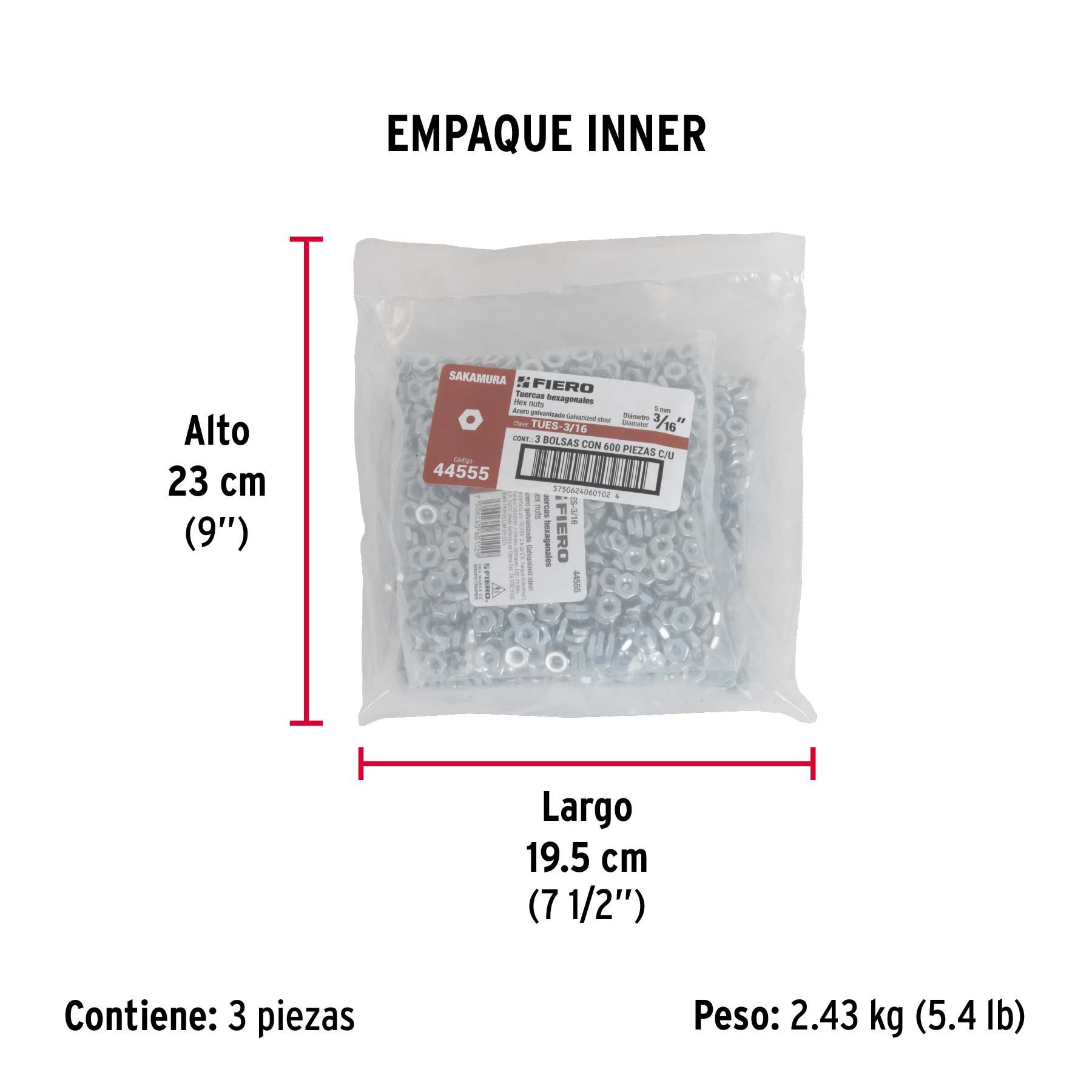 Bolsa con 600 tuercas 3/16" hexagonales tipo Sakamura, FIERO - Empaque