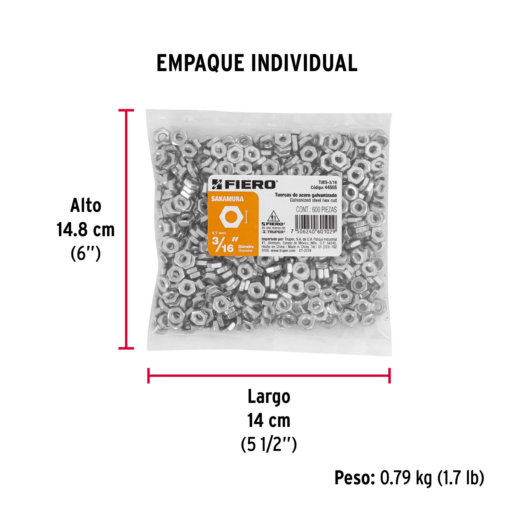 Bolsa con 600 tuercas 3/16" hexagonales tipo Sakamura, FIERO - Empaque