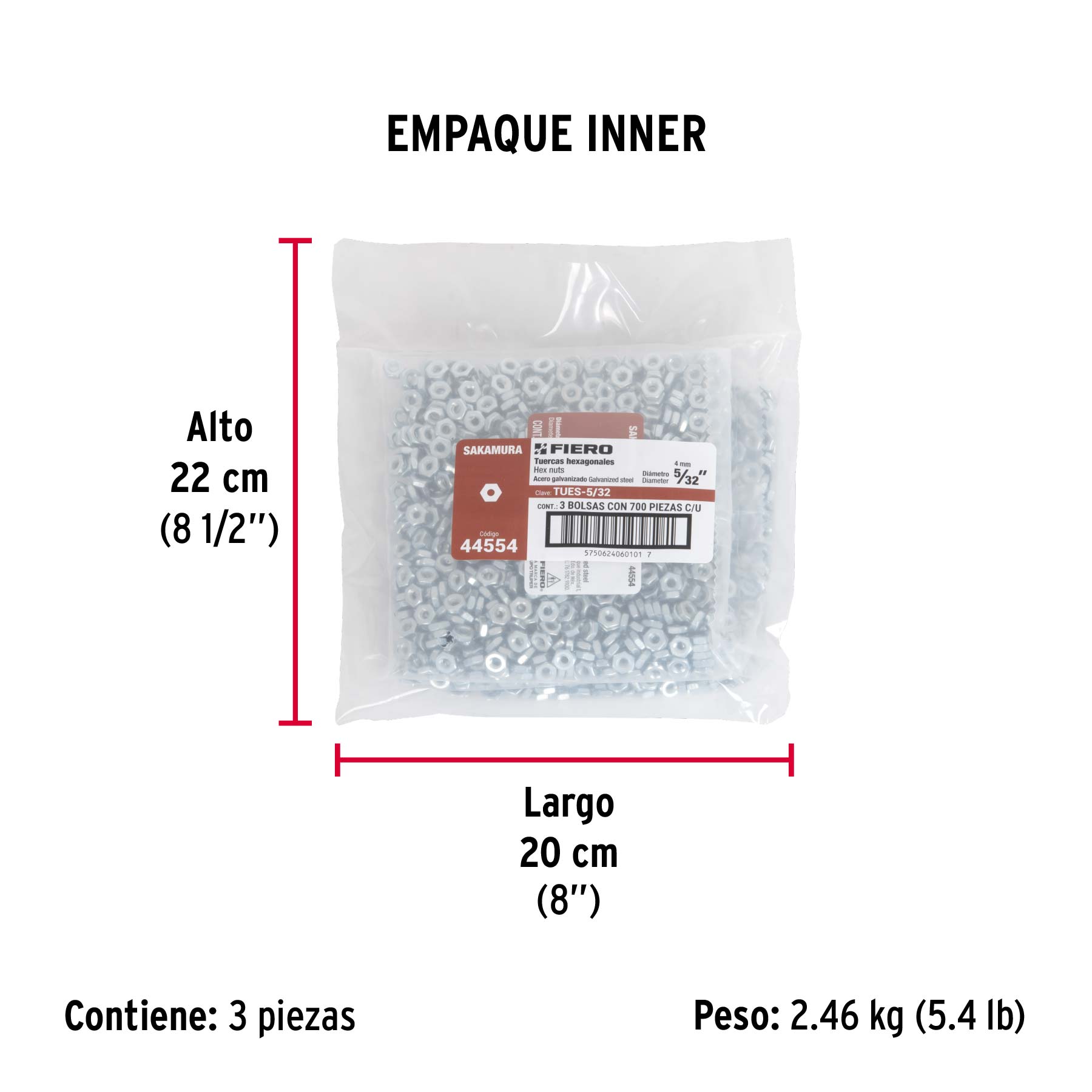 Bolsa con 700 tuercas 5/32" hexagonales tipo Sakamura, FIERO - Empaque