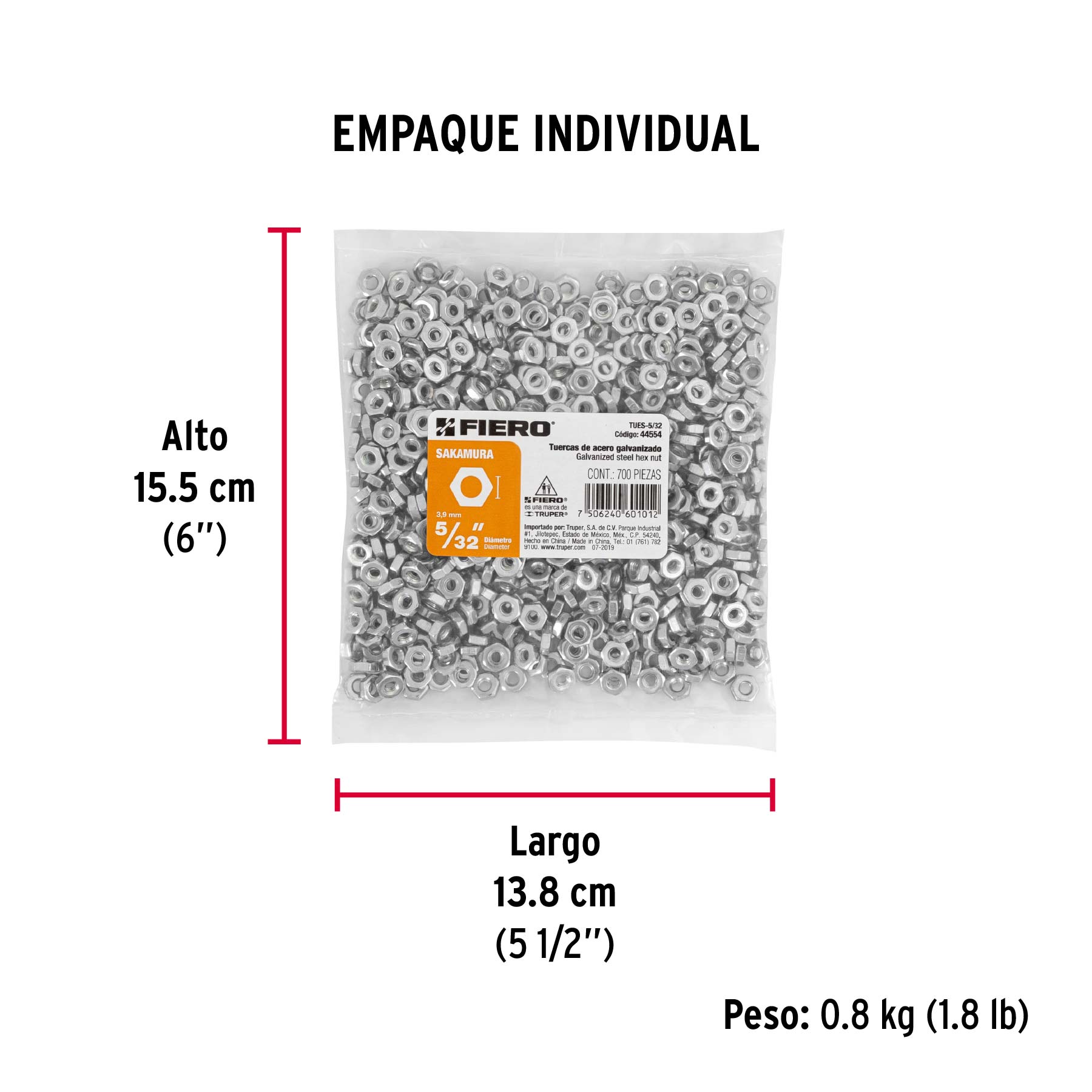 Bolsa con 700 tuercas 5/32" hexagonales tipo Sakamura, FIERO - Empaque